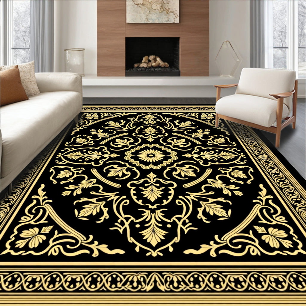 Ornate Gold Black Botanical Style Rug