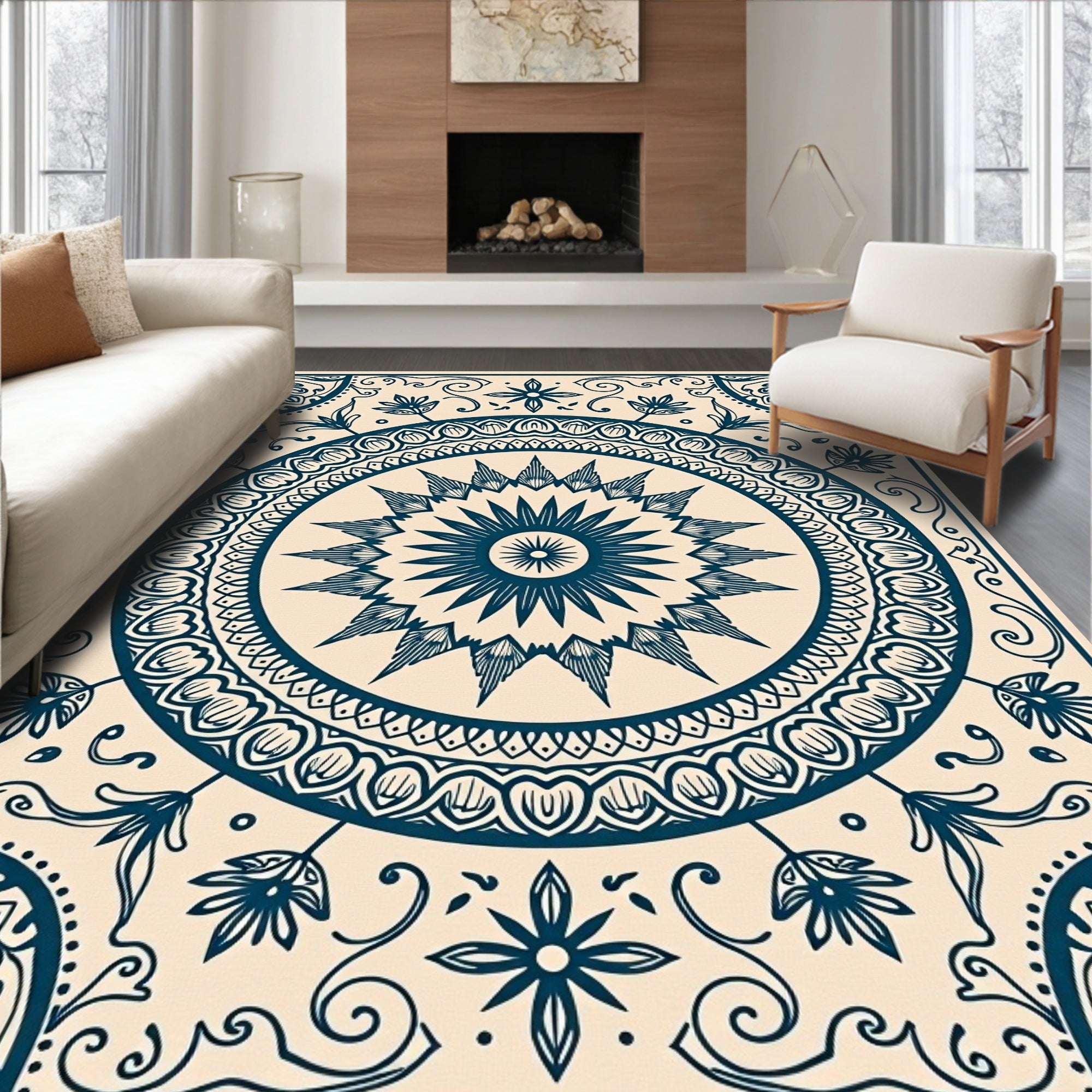 Intricate Floral Sun Mandala Design Rug
