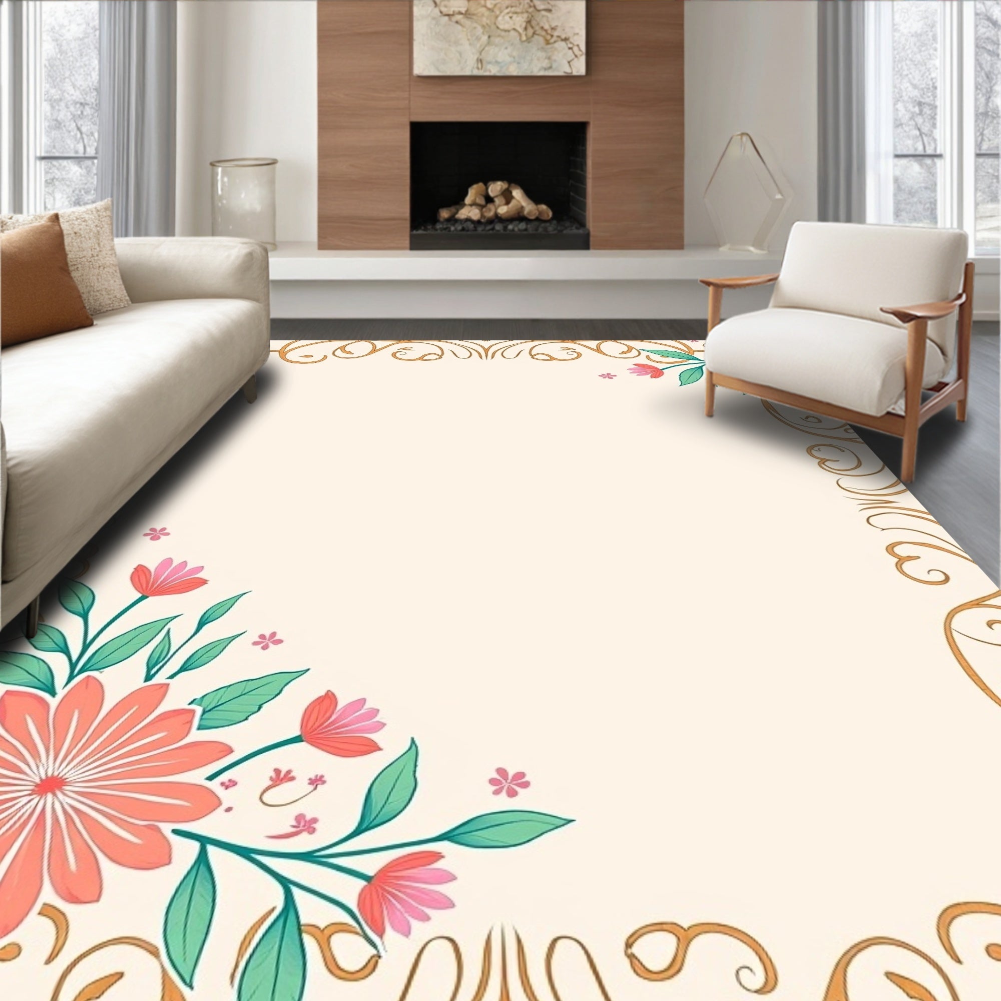 Floral Scrollwork Inspired Vintage Design Rug