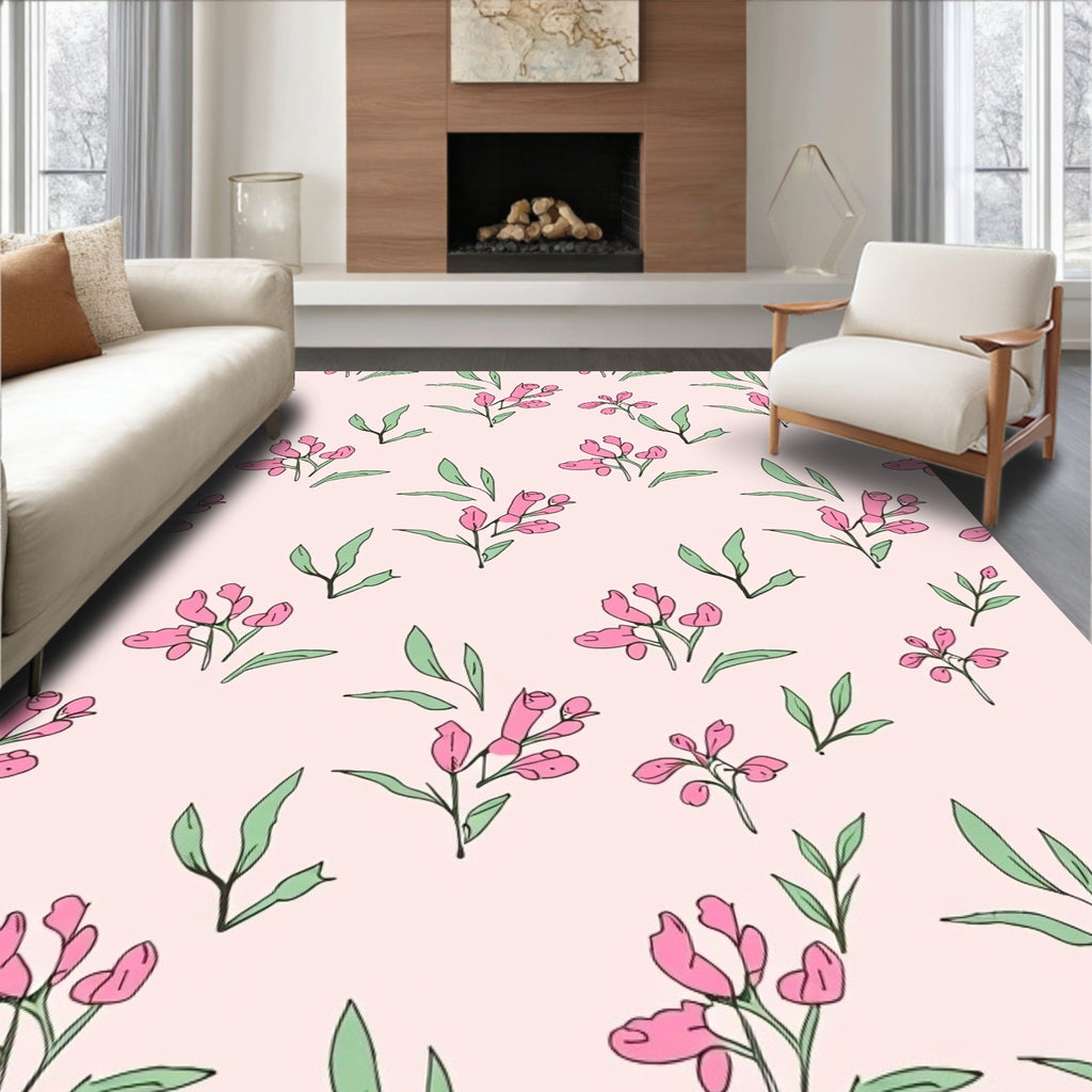 Pink Botanical Sketch Pattern Rug