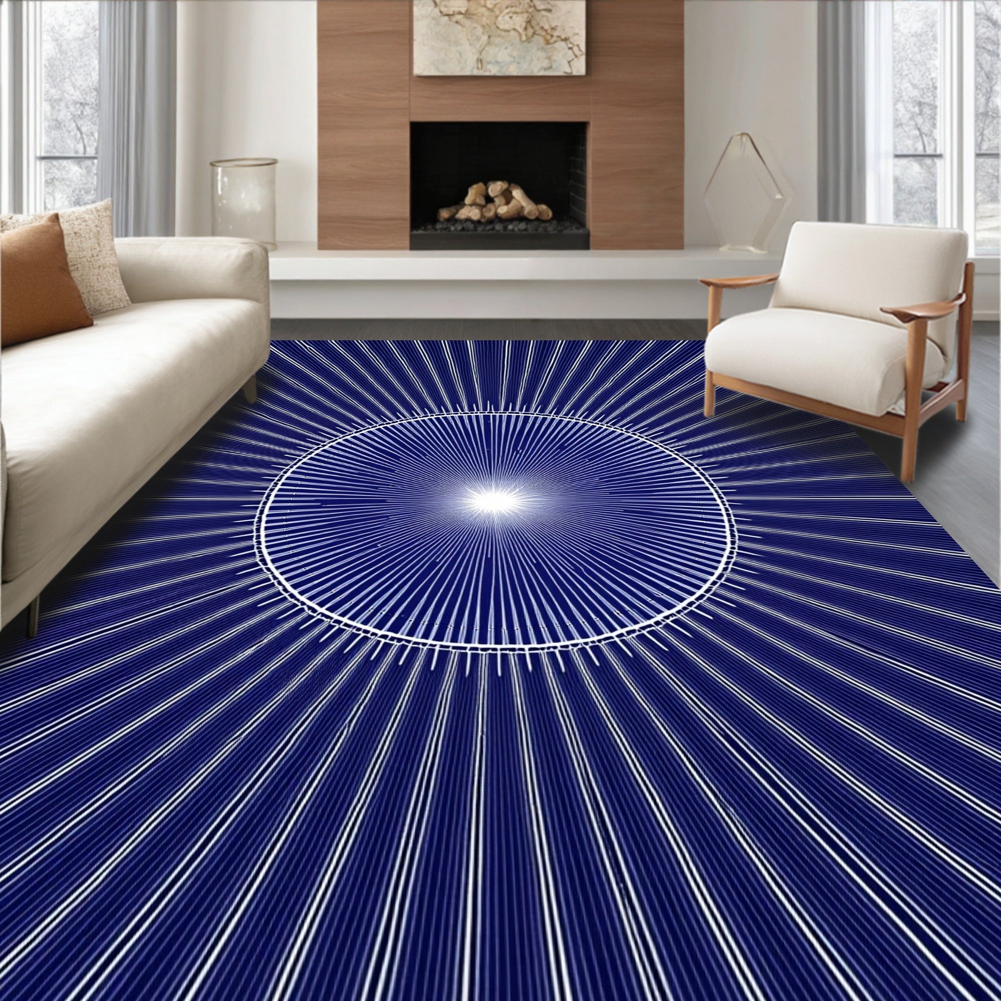 Radiant Sunburst Abstract Blue Rug