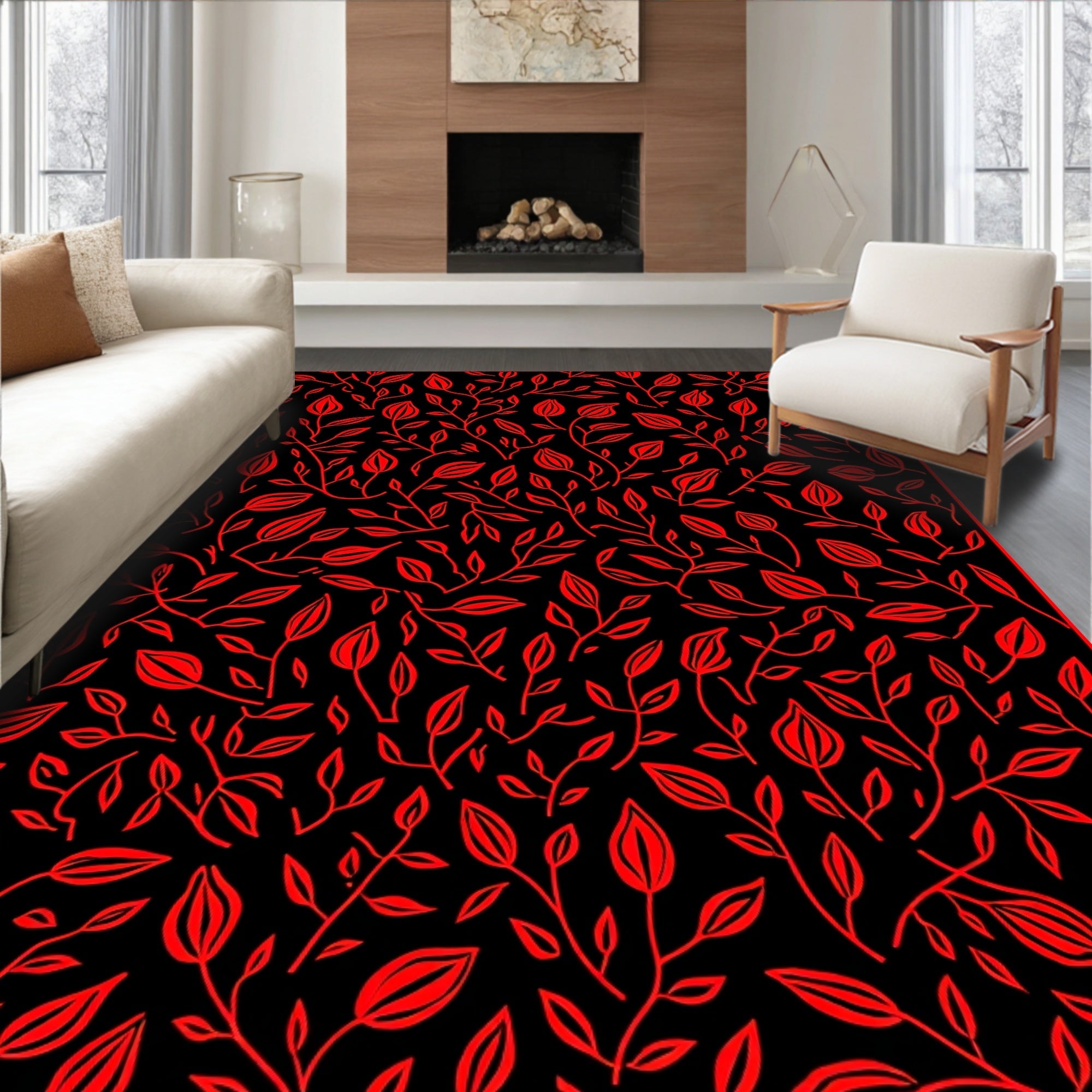 Red Floral Vines Pattern Rug