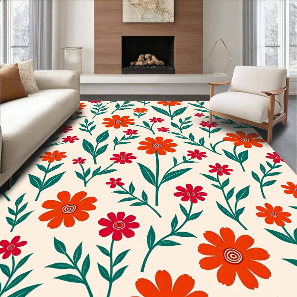 Orange Red Floral Pattern Rug