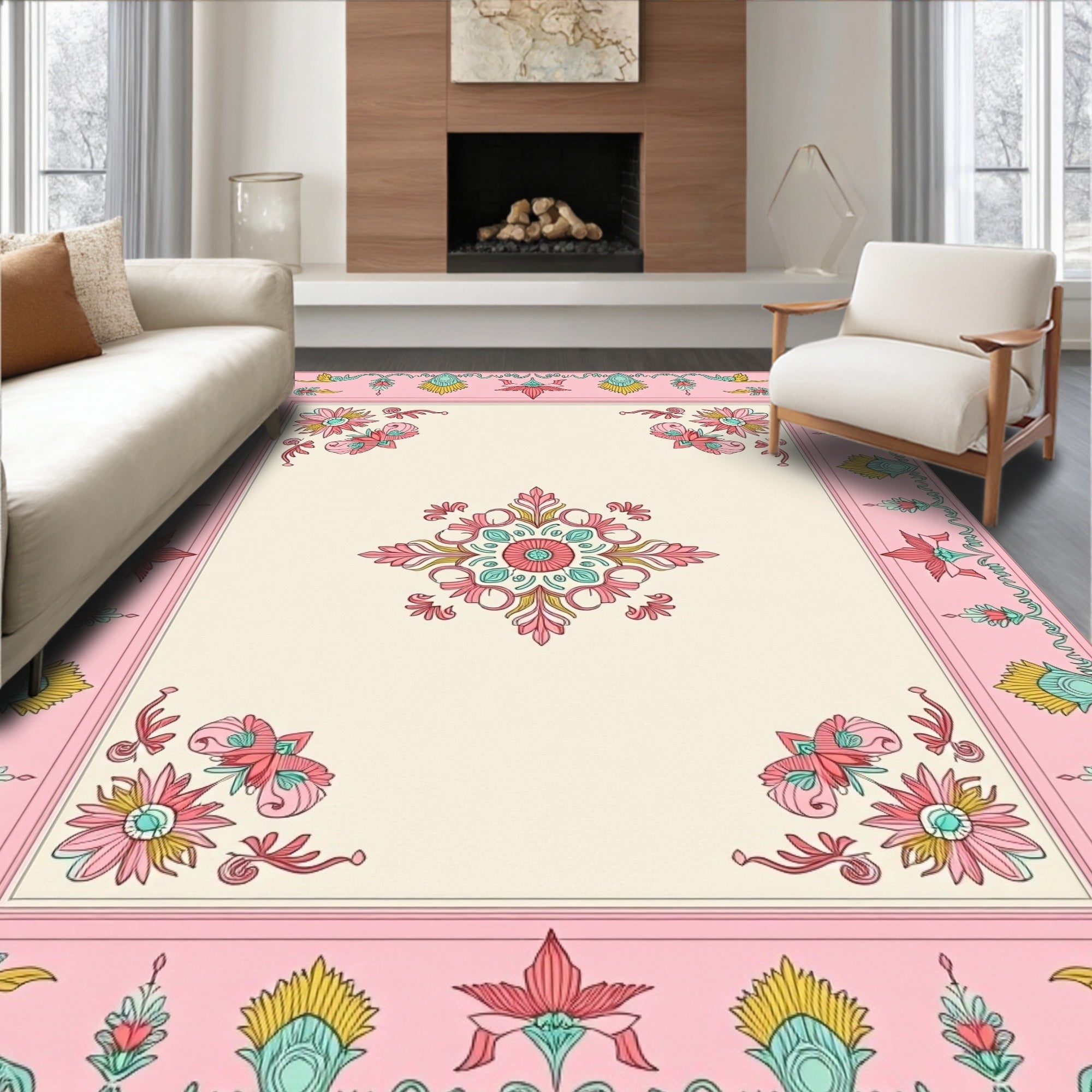 Delicate Floral Mandala Pink Teal Cream Design Rug