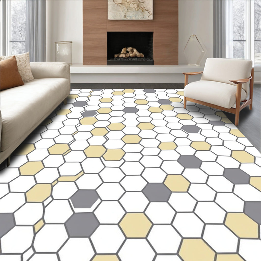 Yellow Grey Geometric Hexagons Pattern Rug