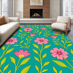 Pink Floral Patterned Teal Surface Rug