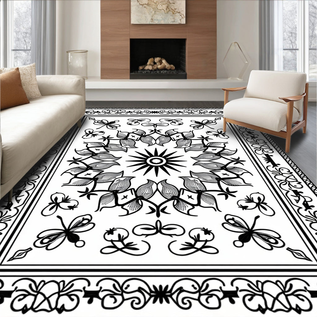 Monochromatic Floral Butterfly Mandala Design Rug