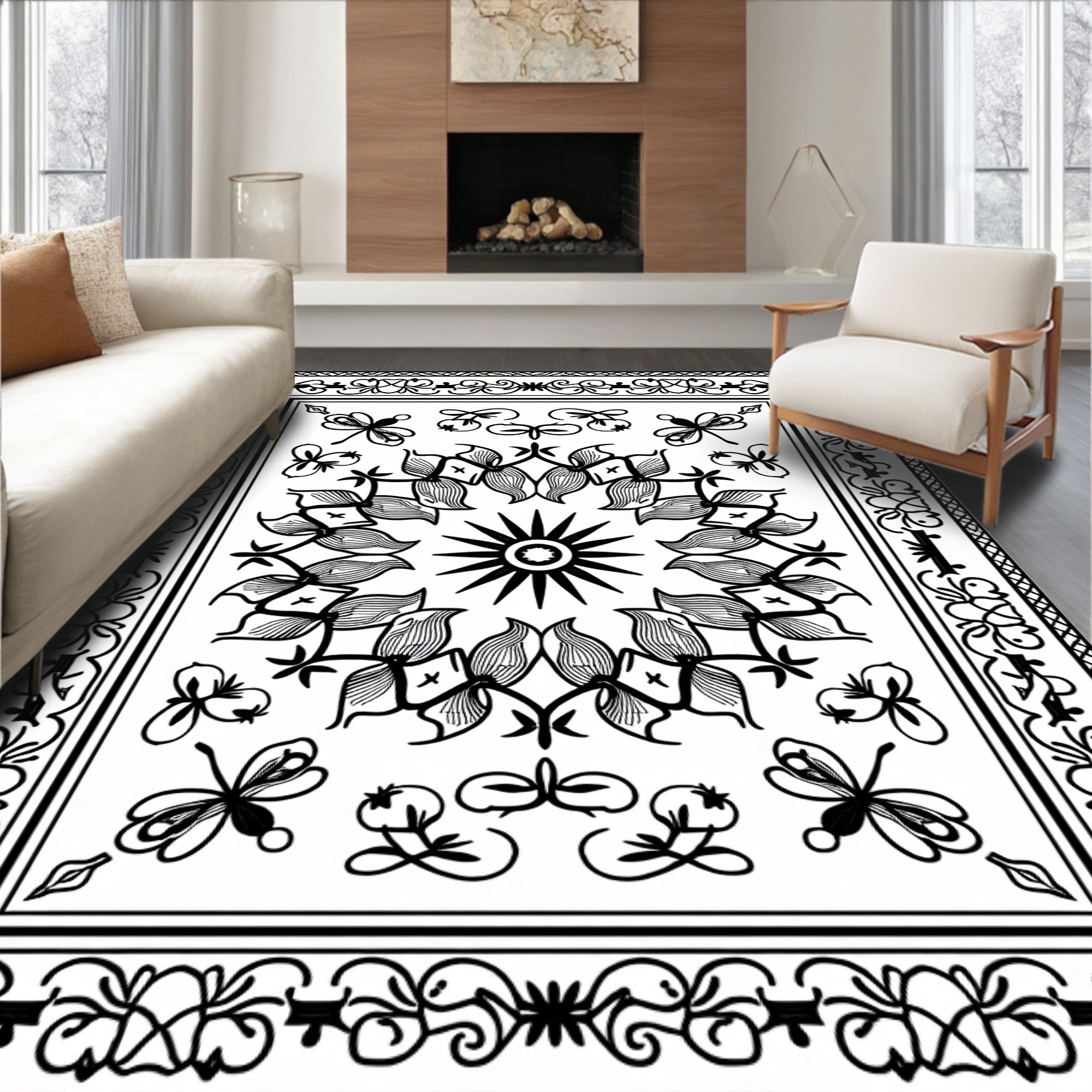 Monochromatic Floral Butterfly Mandala Design Rug