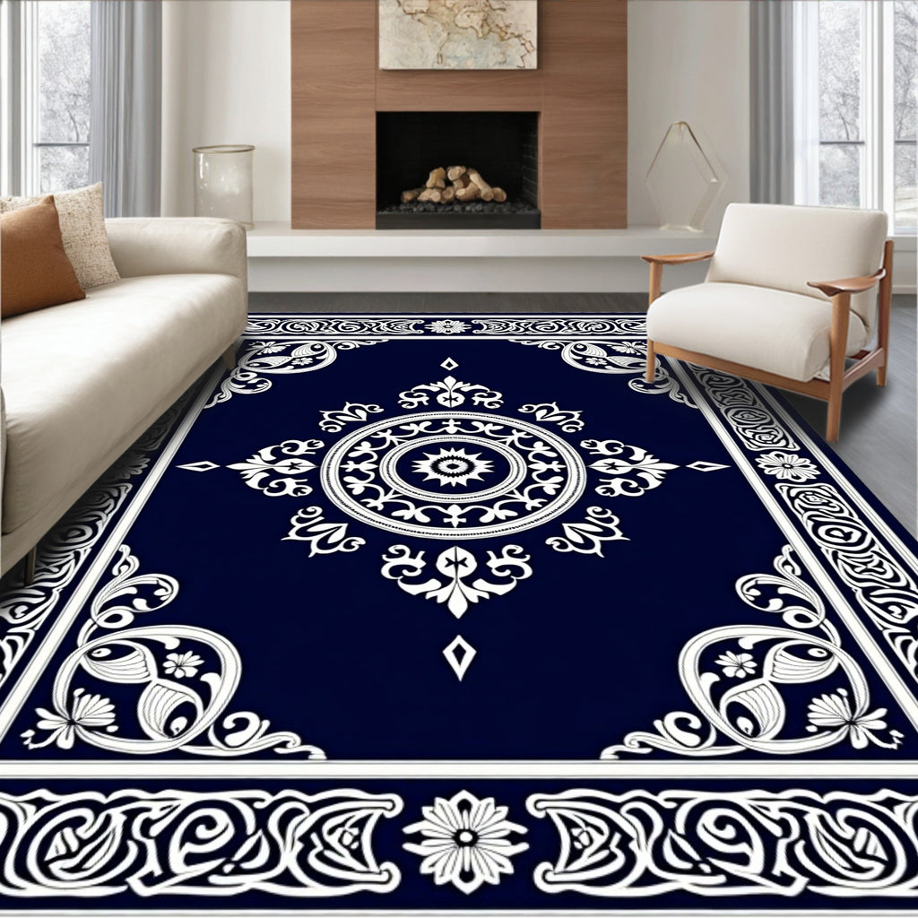 Intricate White Floral Medallion Border Rug