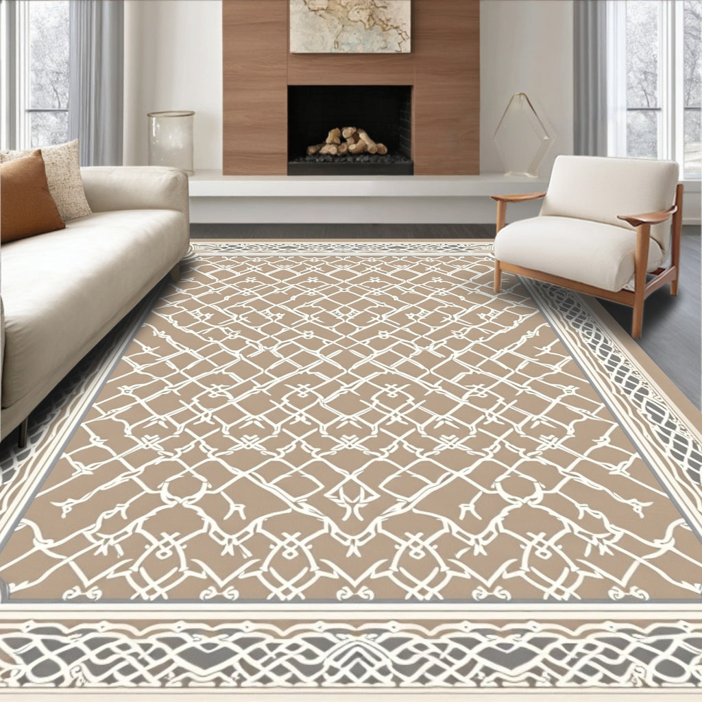 Intricate Lattice Tan Geometric Pattern Rug