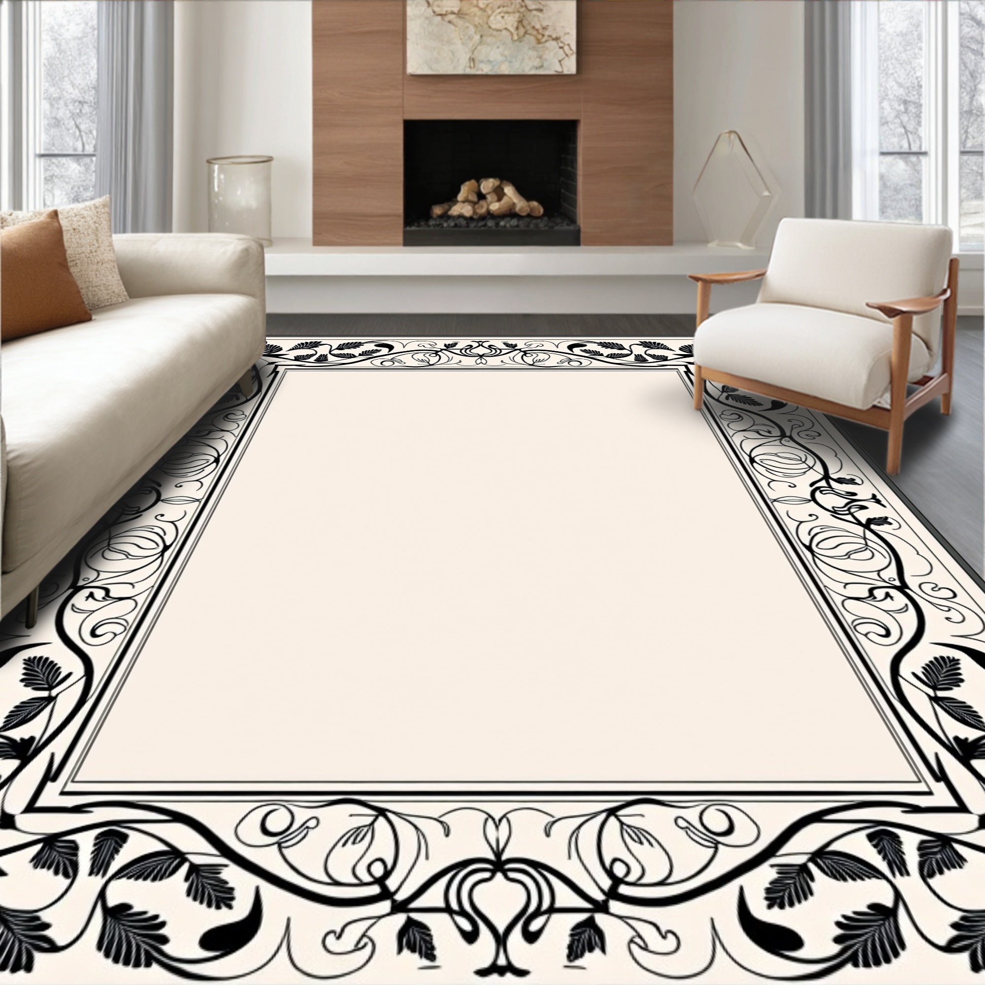 Black Vine And Leaf Intricate Border Rug