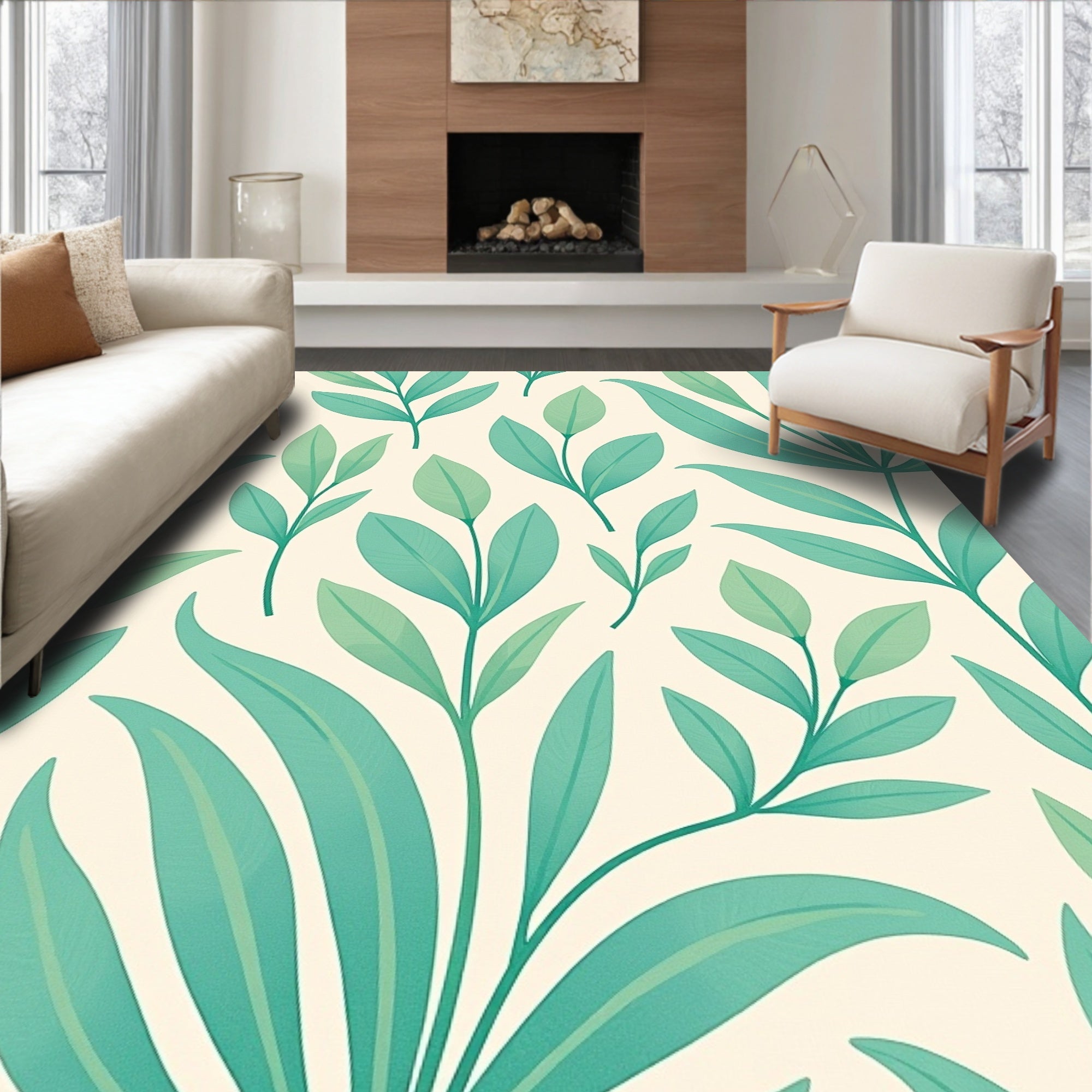 Coastal Teal Leaf Pattern Rug