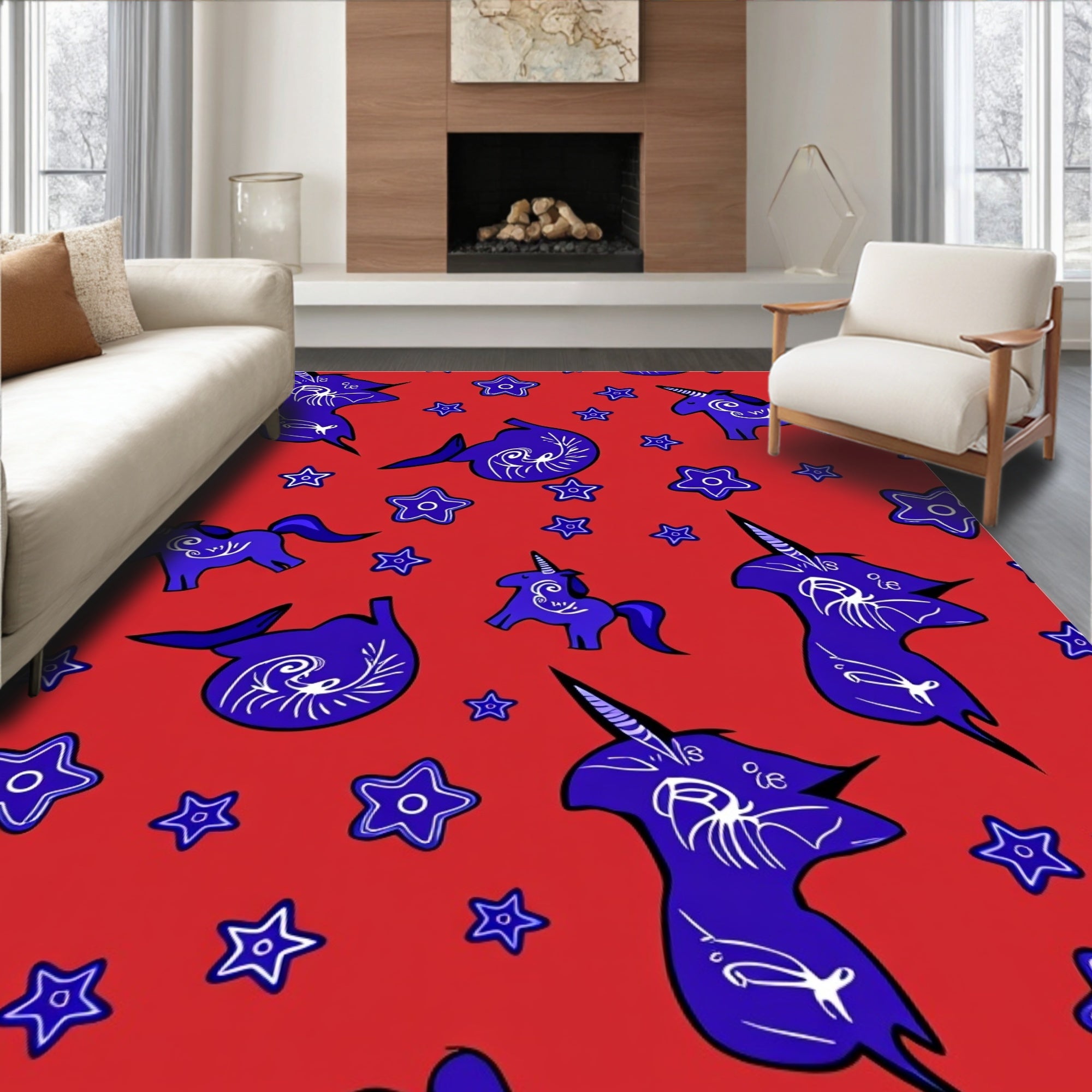 Whimsical Blue Unicorn Star Pattern Rug