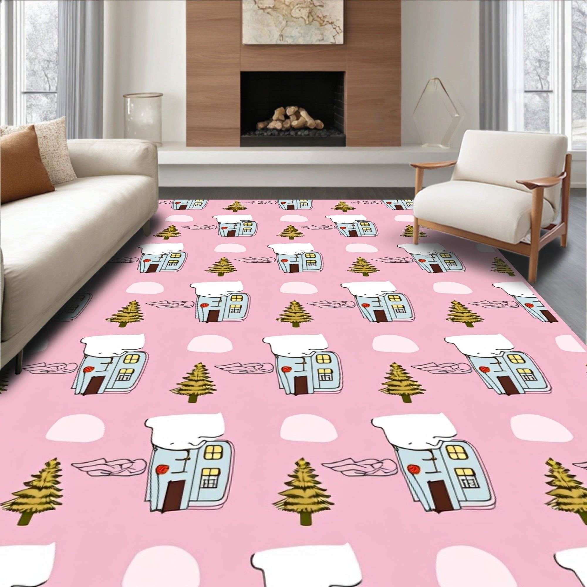 Winter Village Snowy House Trees Rug