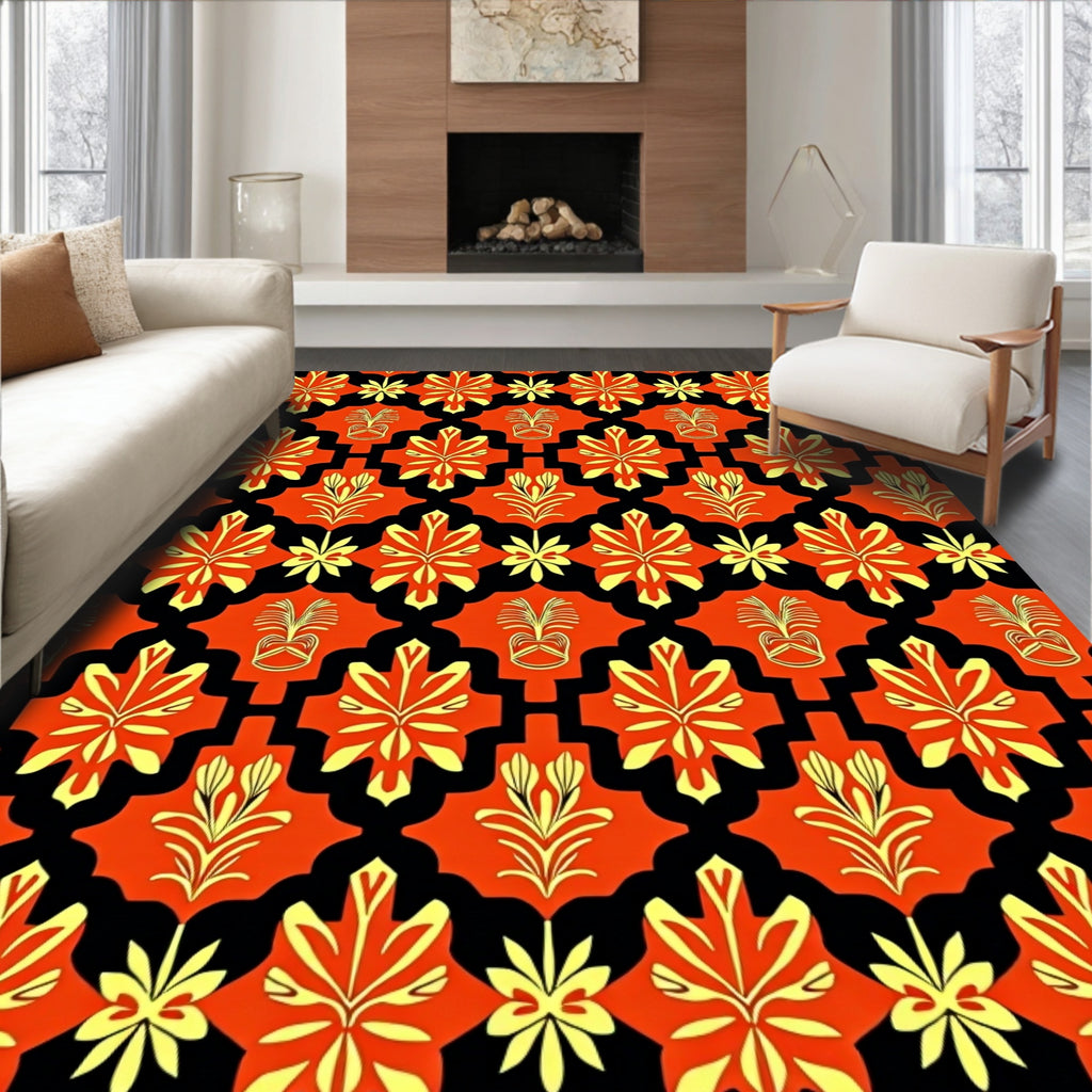 Bold Orange Yellow Floral Pattern Rug