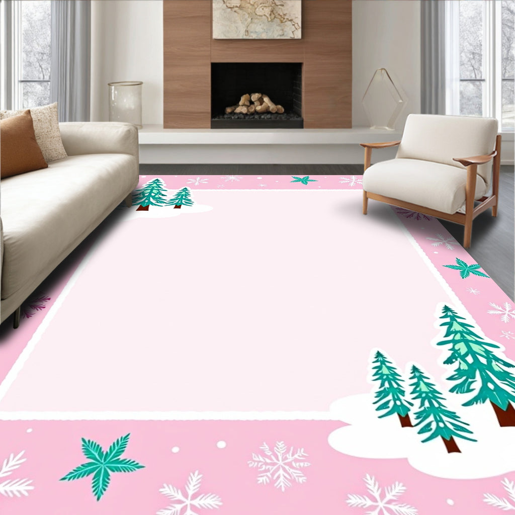 Pink Snowy Pine Forest Snowflakes Rug
