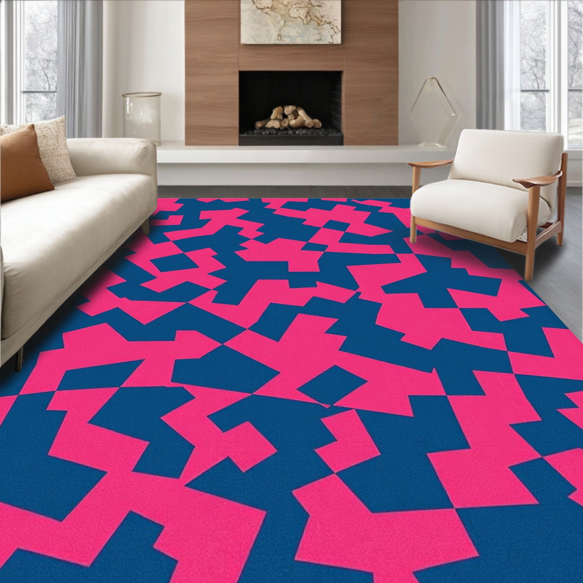 Bold Pink Blue Geometric Design Rug
