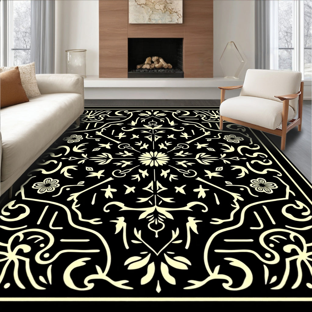 Black Cream Floral Swirl Pattern Rug