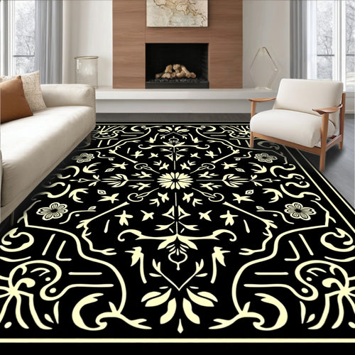 Black Cream Floral Swirl Pattern Rug