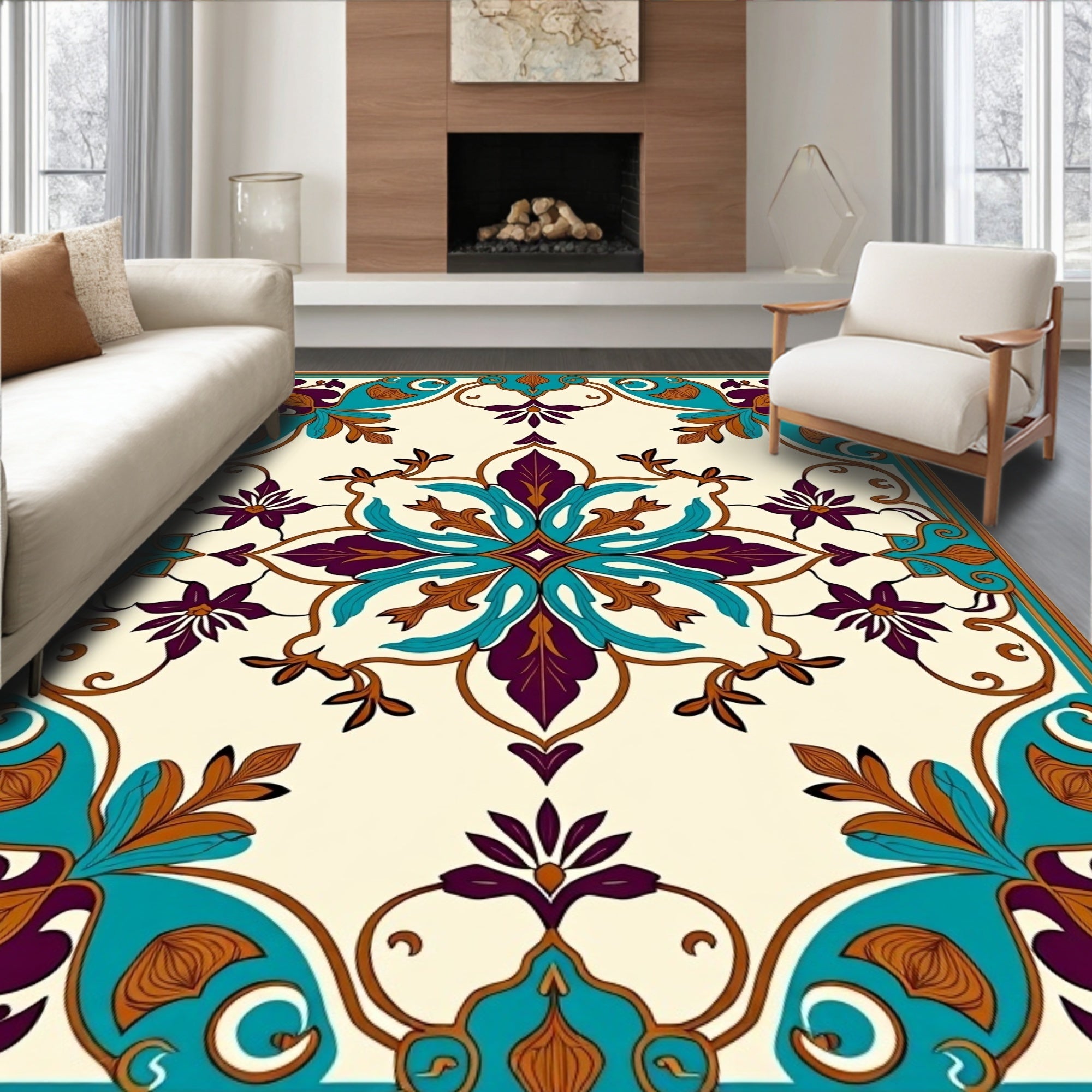 Intricate Teal Plum Floral Medallion Rug