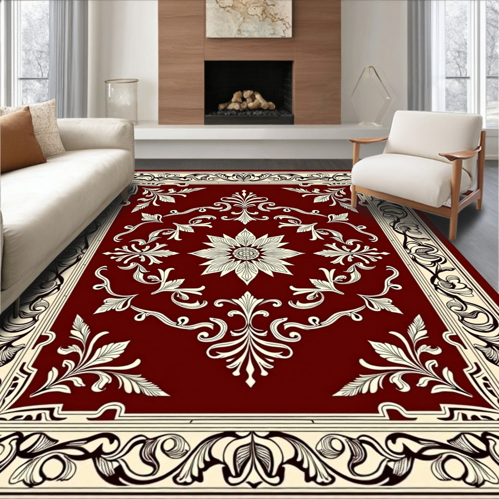 Ornate Floral Patterned Burgundy Rug