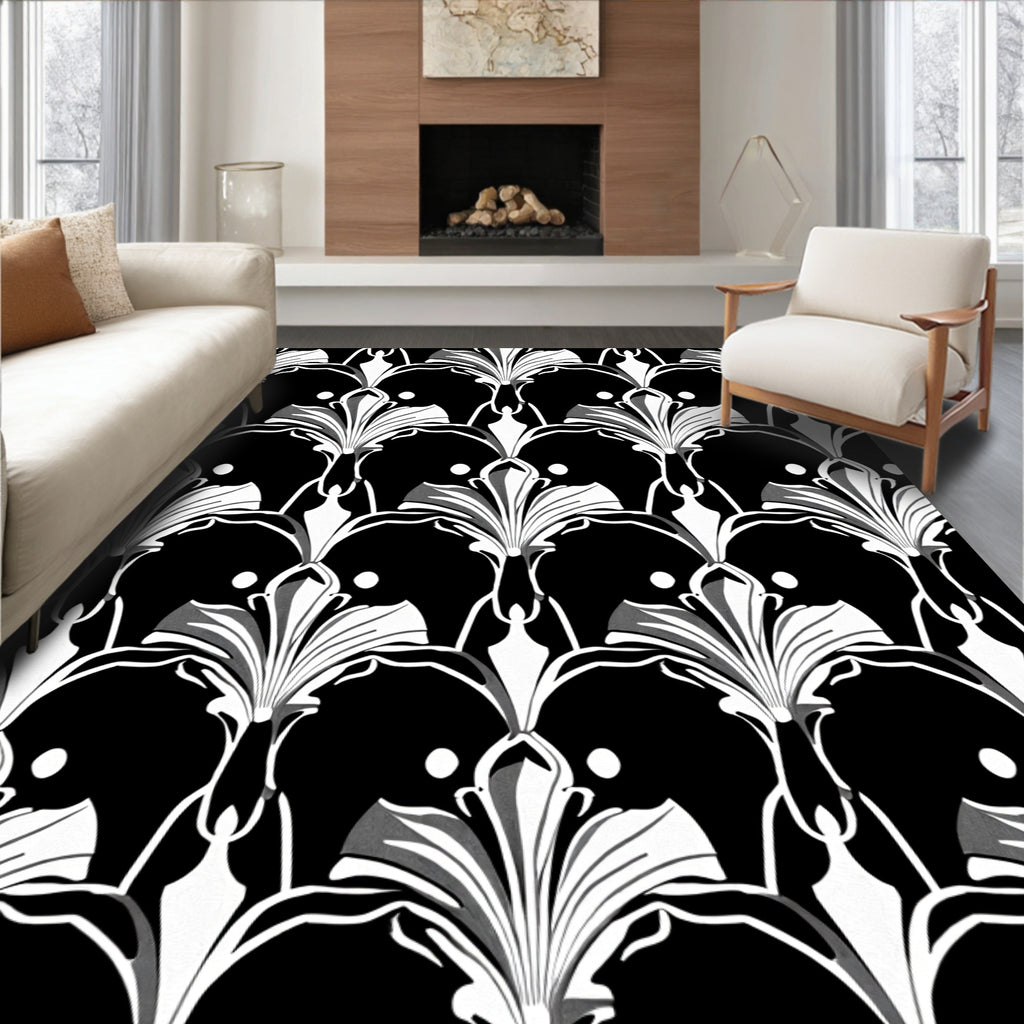 Classic Black White Floral Print Rug