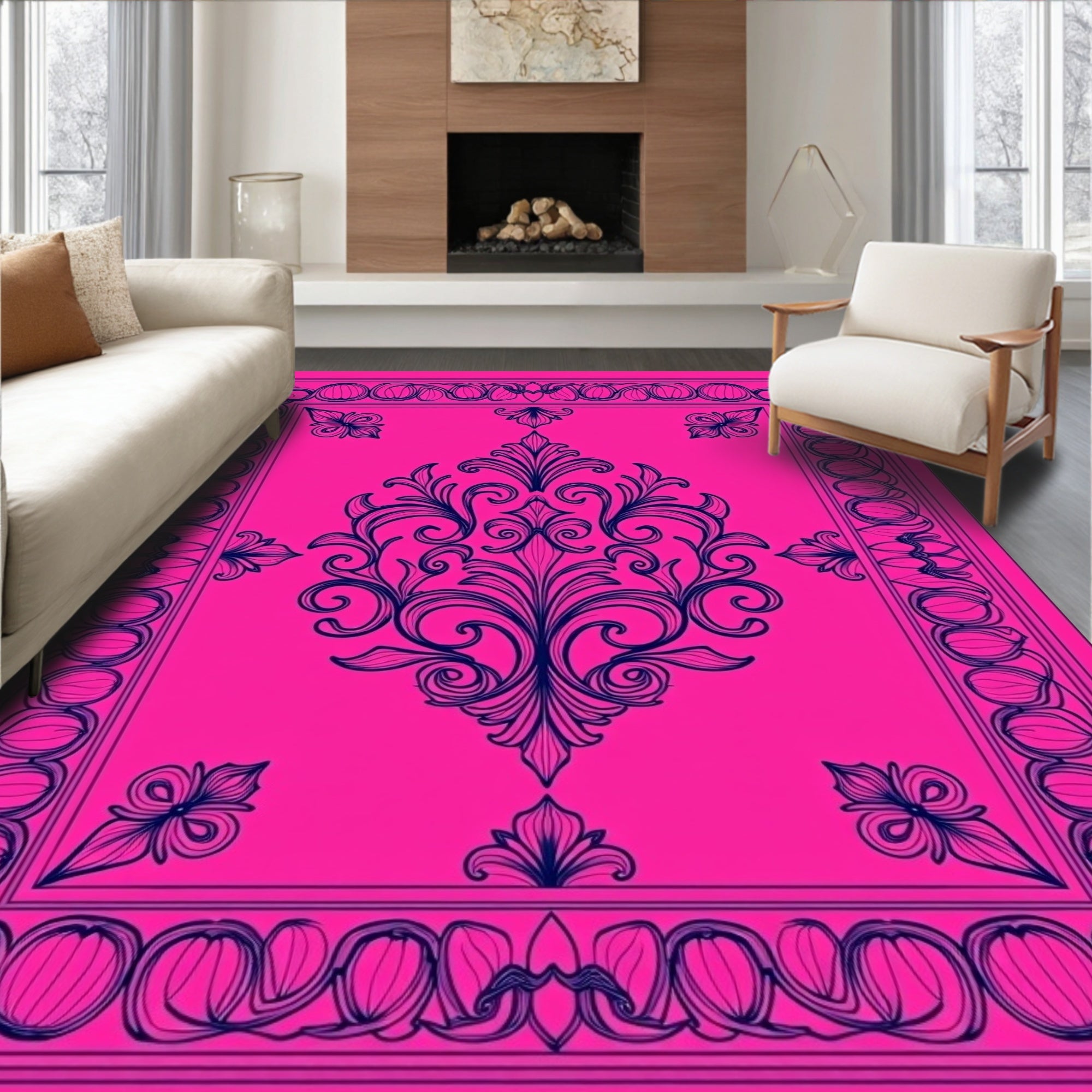 Vibrant Pink Floral Scrollwork Design Rug