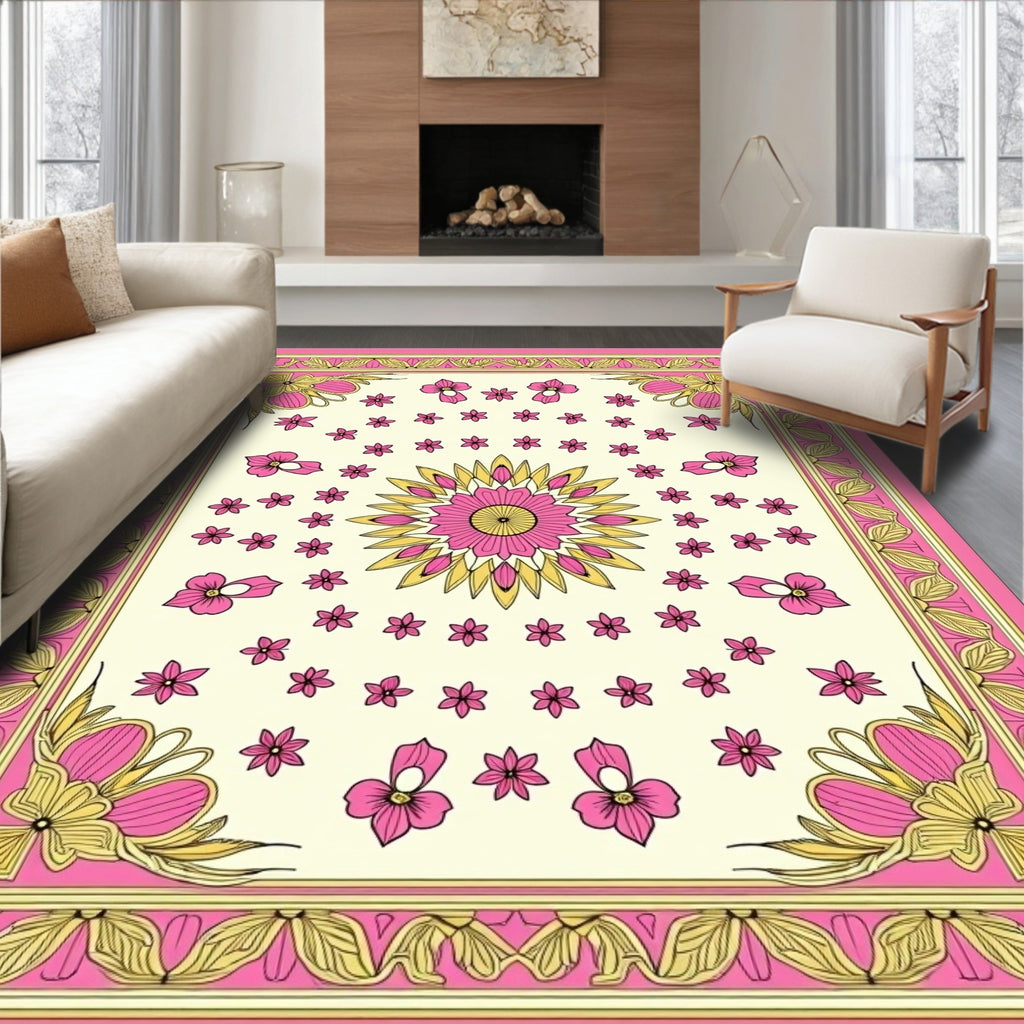 Pink Gold Floral Medallion Pattern Rug