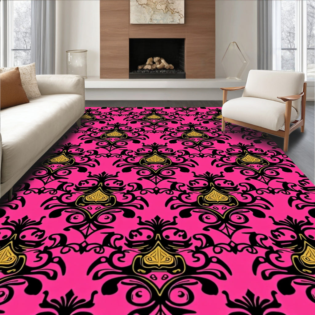 Ornate Black Gold Damask Pattern Rug