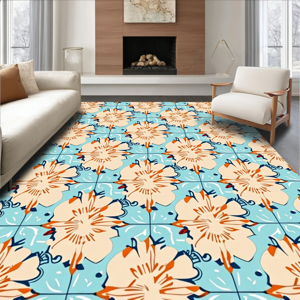 Orange Beige Floral Tile Pattern Rug