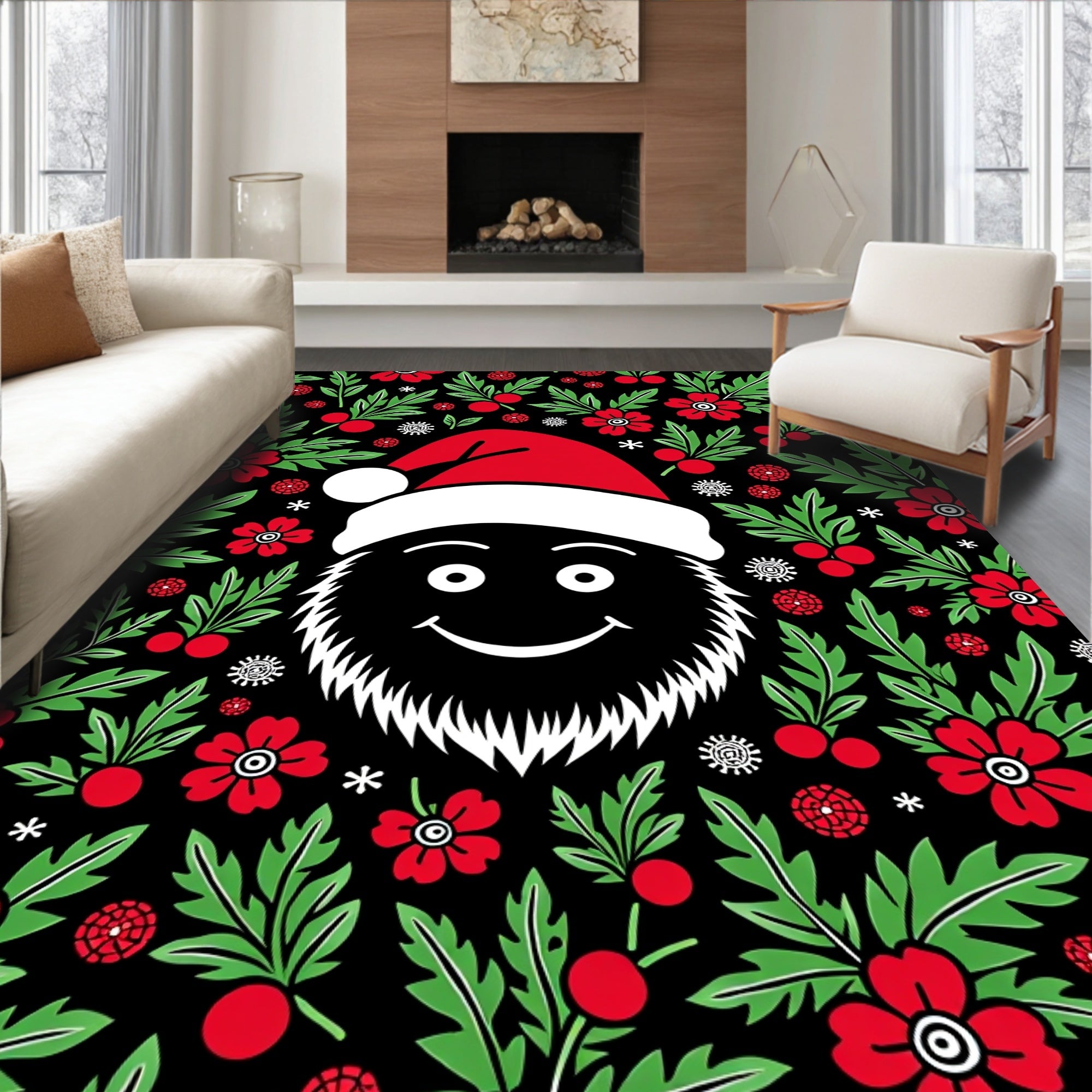 Festive Black Red Berry Floral Rug