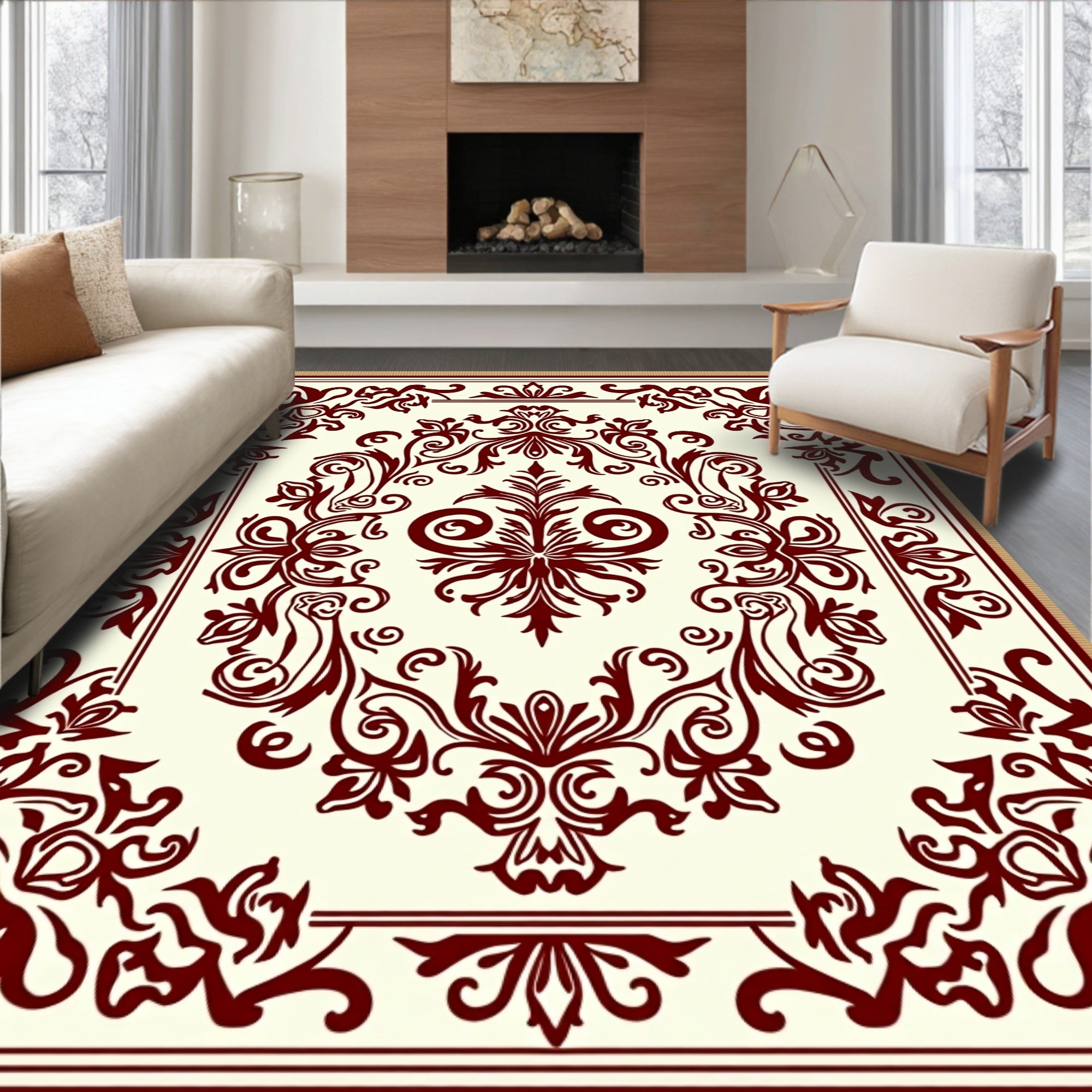 Rich Crimson Baroque Floral Filigree Rug