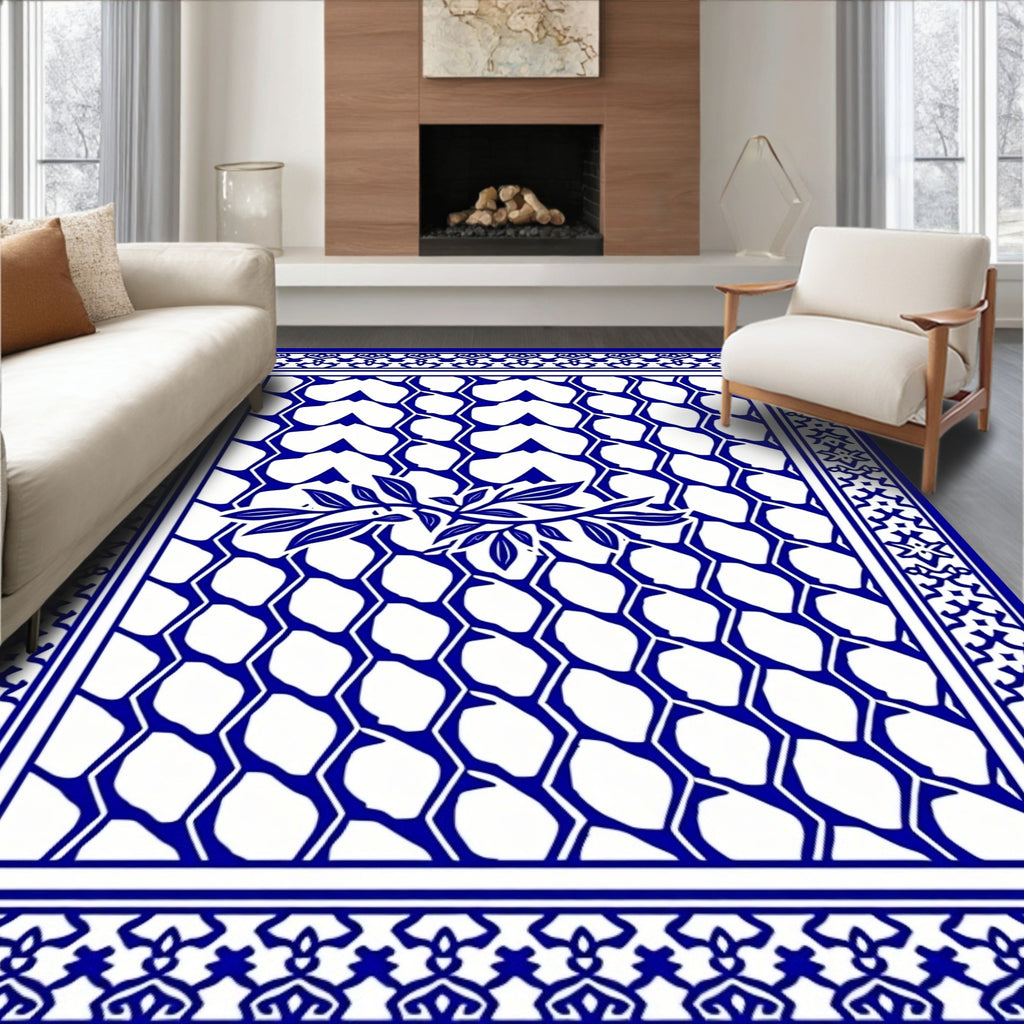 Blue And White Floral Lattice Pattern Rug