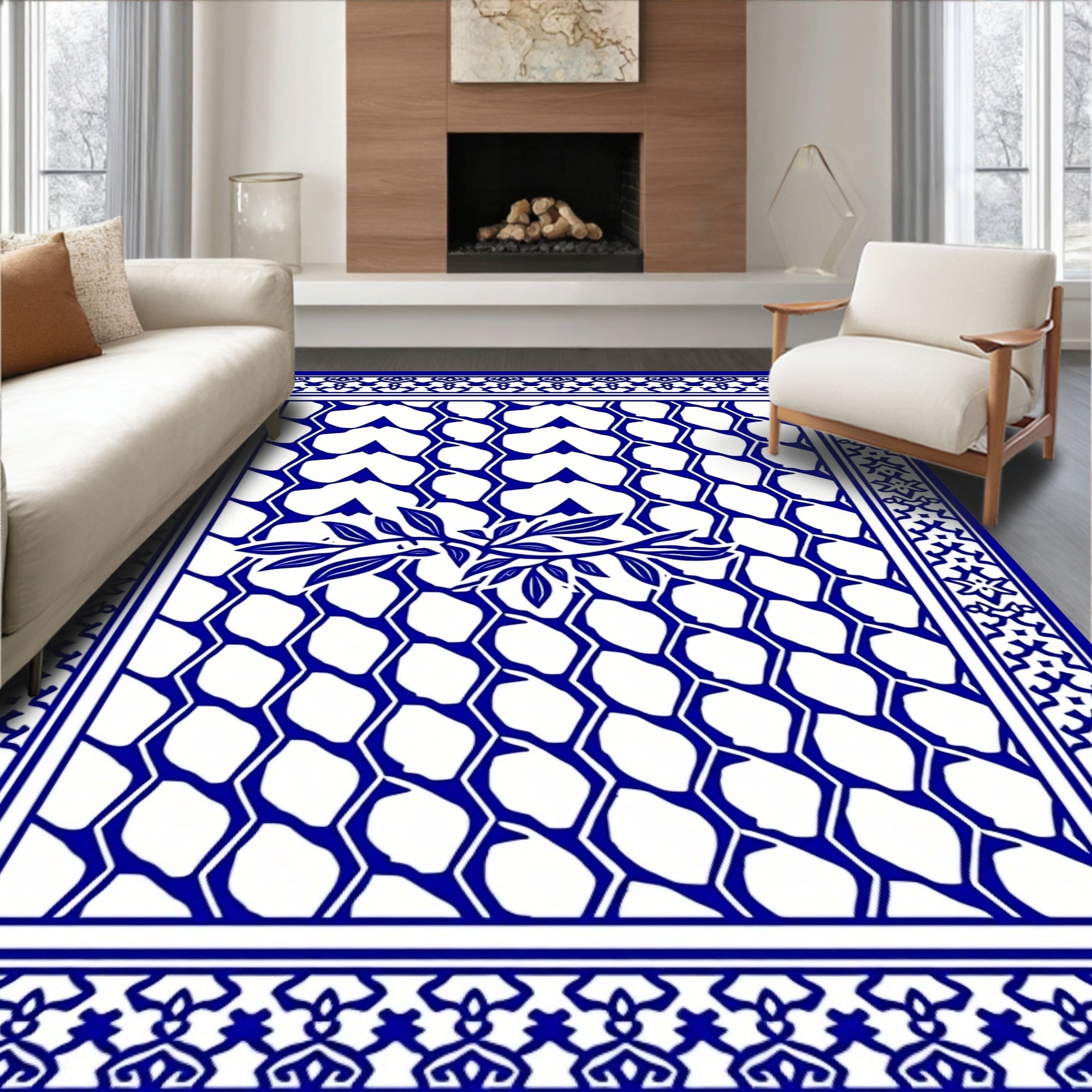 Blue And White Floral Lattice Pattern Rug