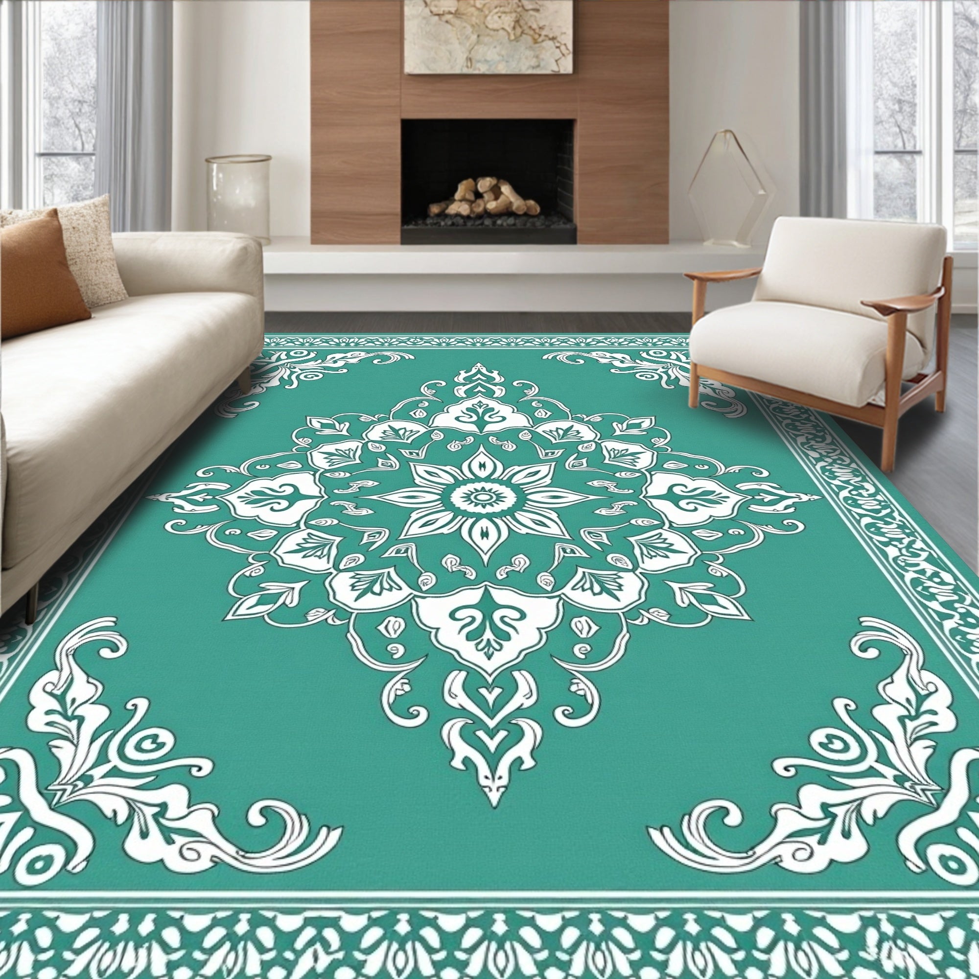 Elegant Teal White Mandala Design Rug