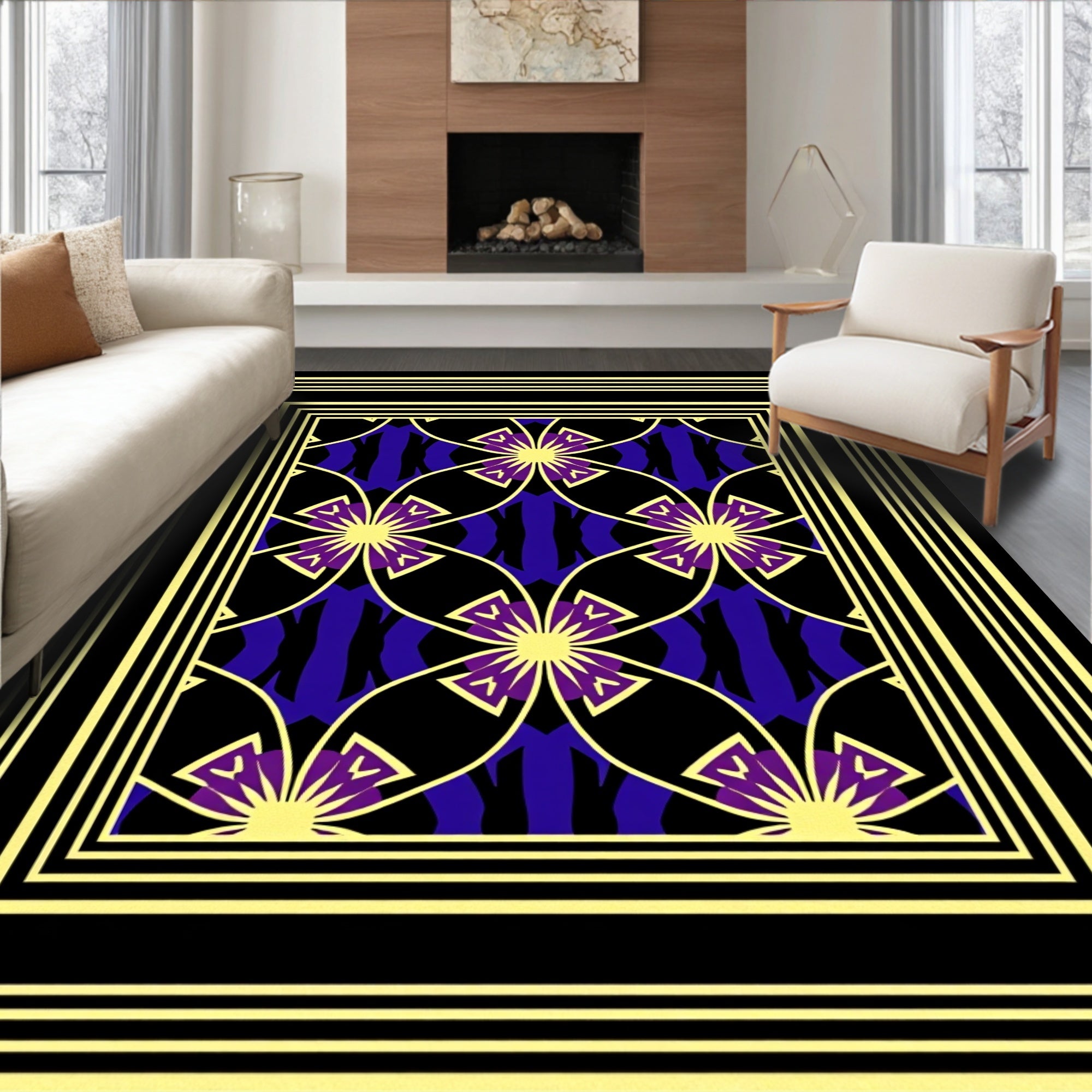 Golden Geometric Floral Patterned Rug