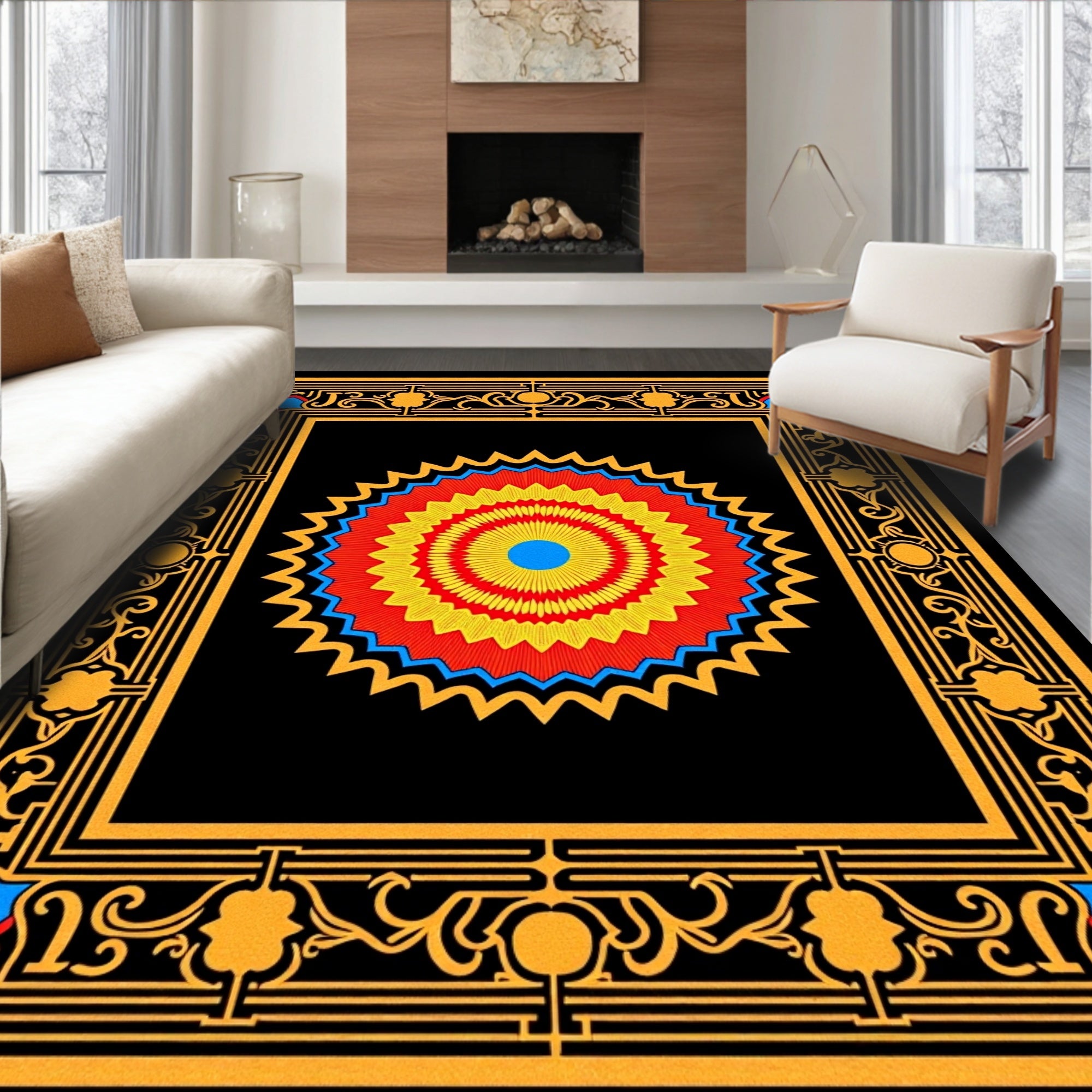 Bold Sunburst With Ornate Border Rug