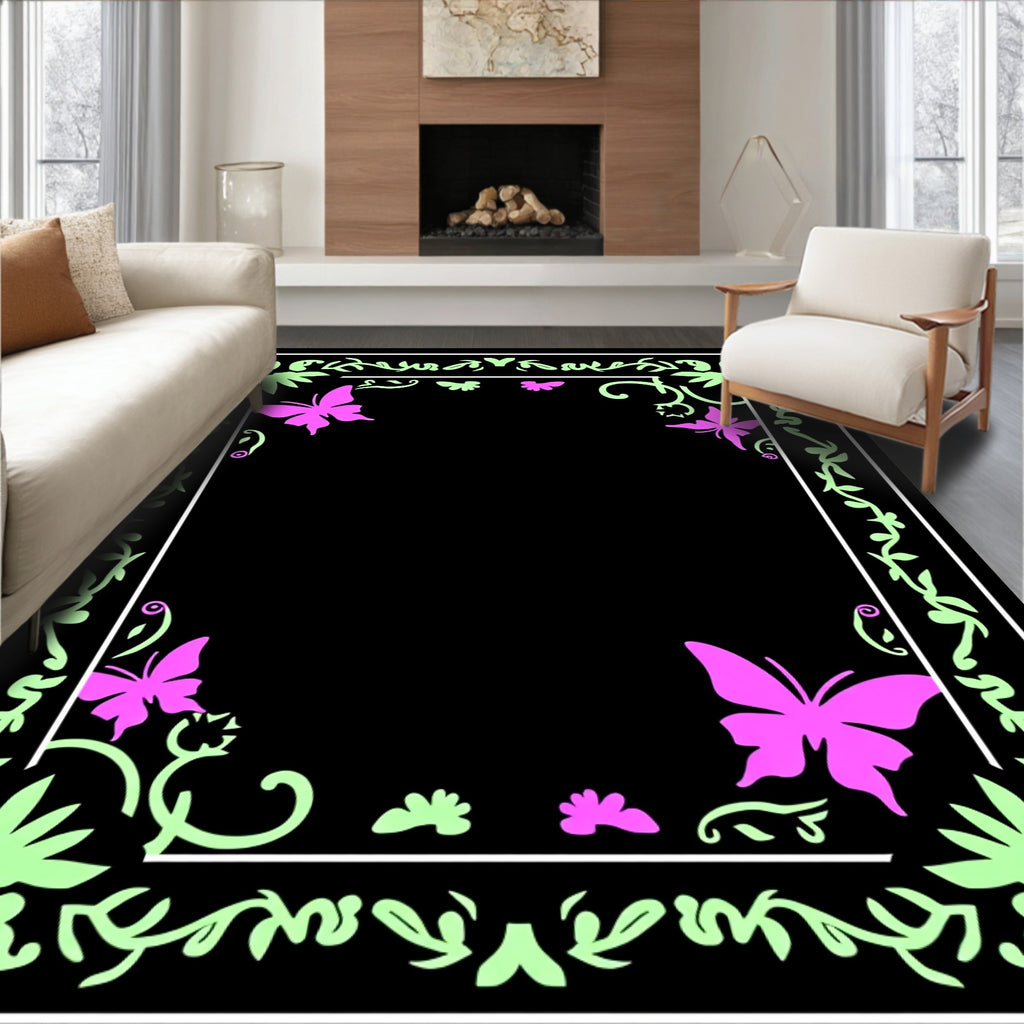Pink Butterfly Vine Border Pattern Rug