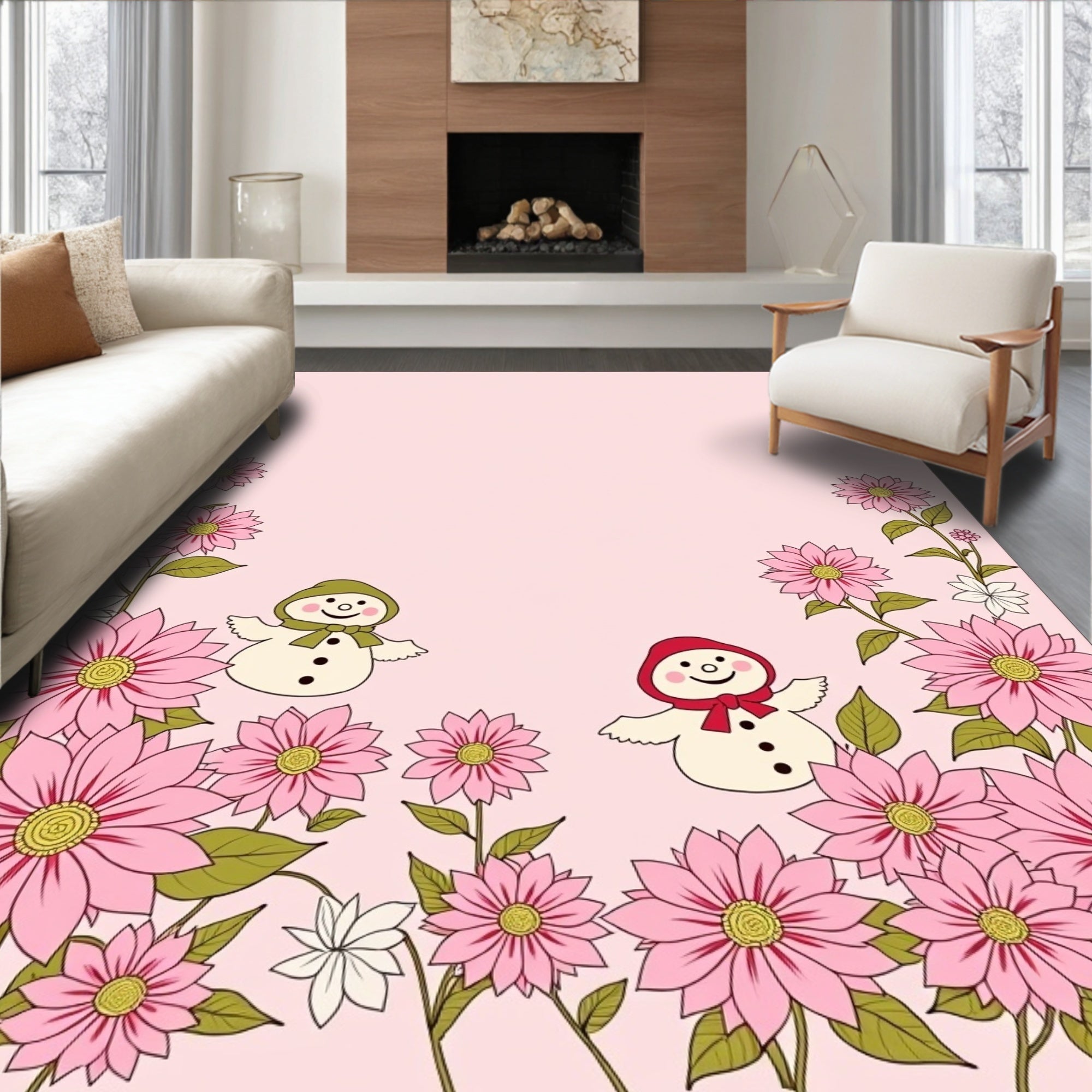 Cute Snowmen Pink Floral Border Rug