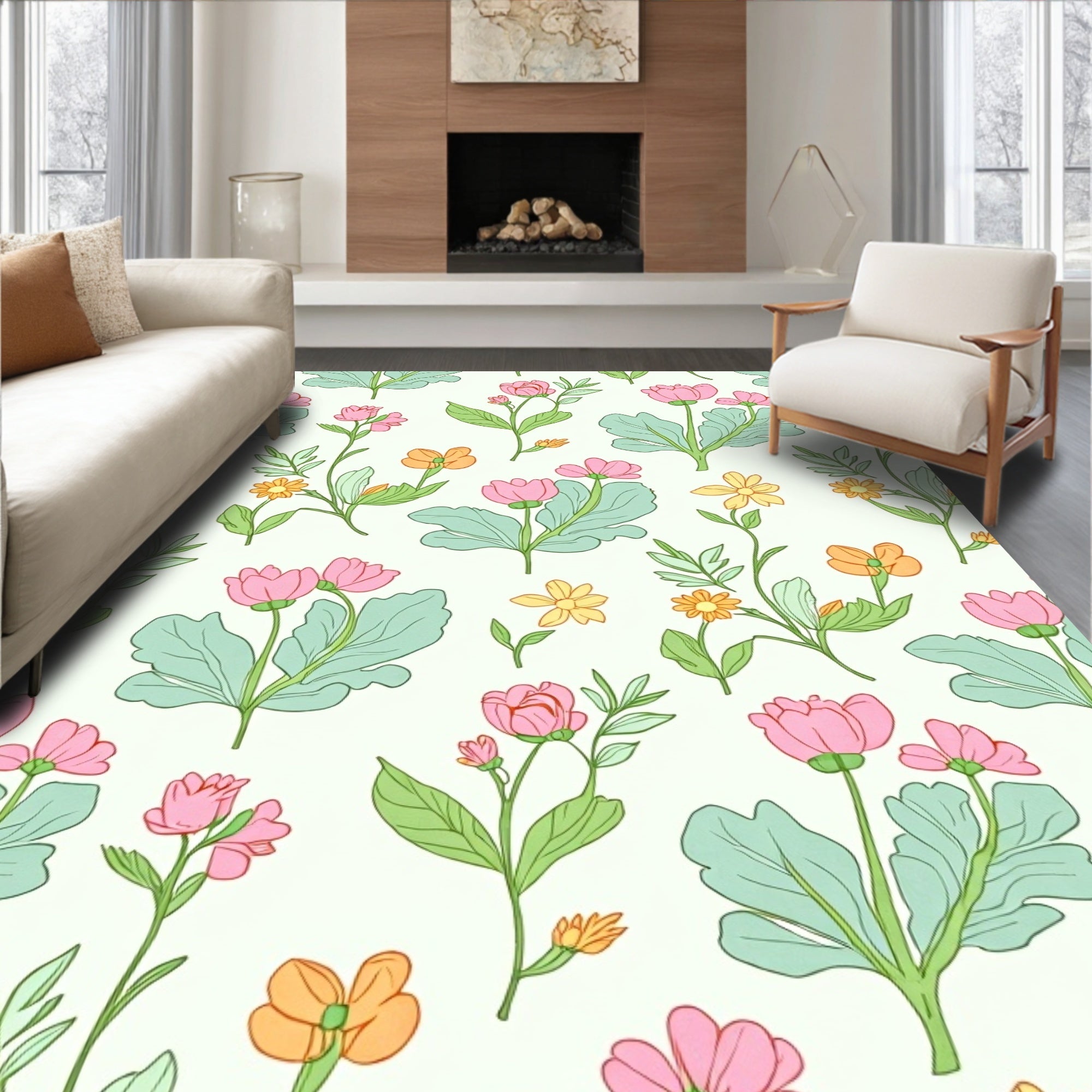 Whimsical Pink Yellow Floral Pattern Rug
