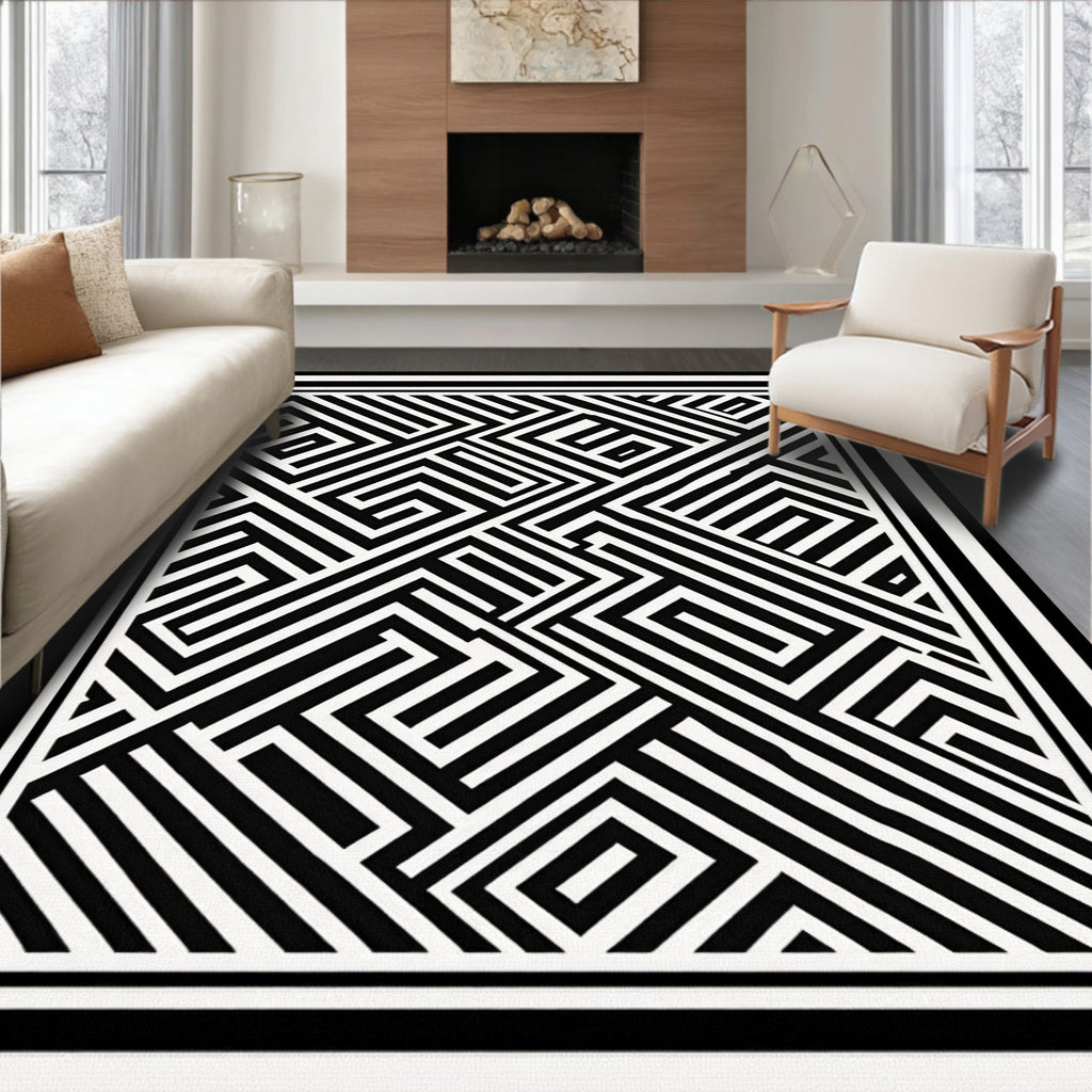 Bold Black White Maze Pattern Rug