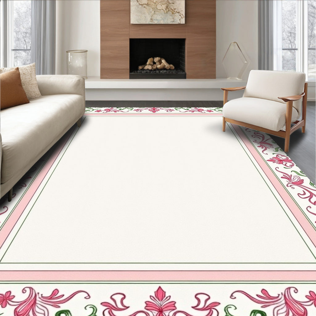 Pink Green Floral Swirl Border Rug