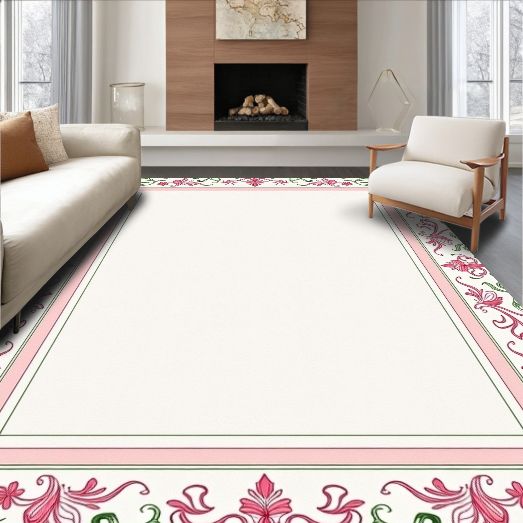 Pink Green Floral Swirl Border Rug
