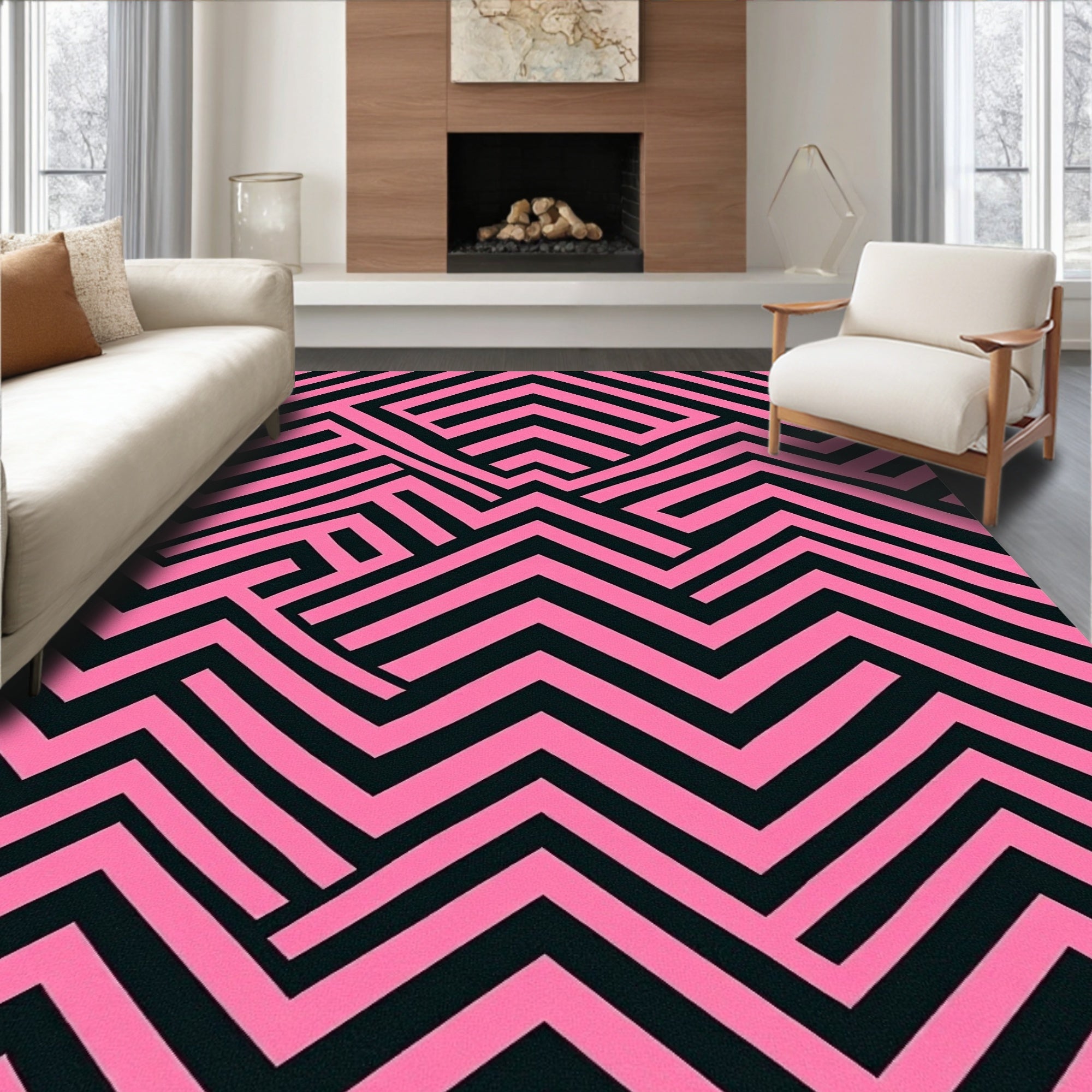 Pink Black Geometric Maze Pattern Rug