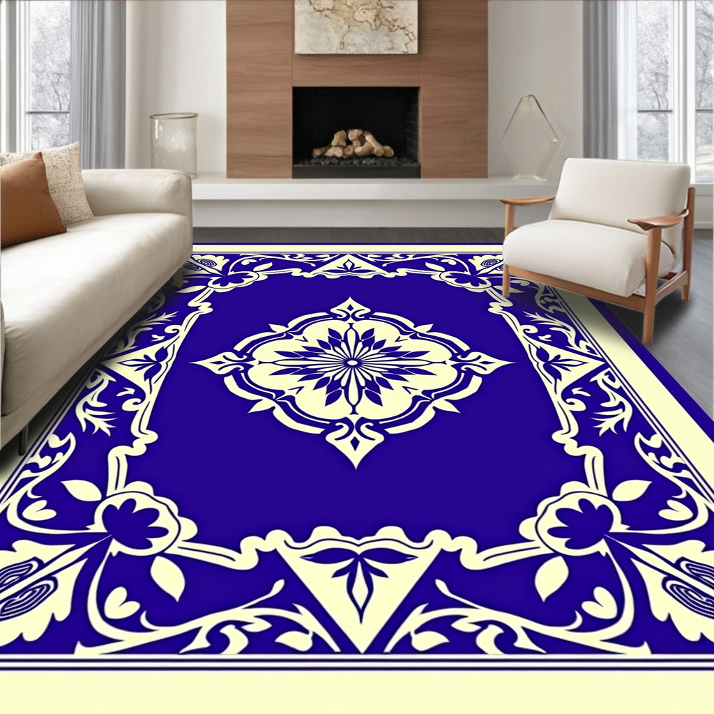 Classic Blue Floral Medallion Damask Rug