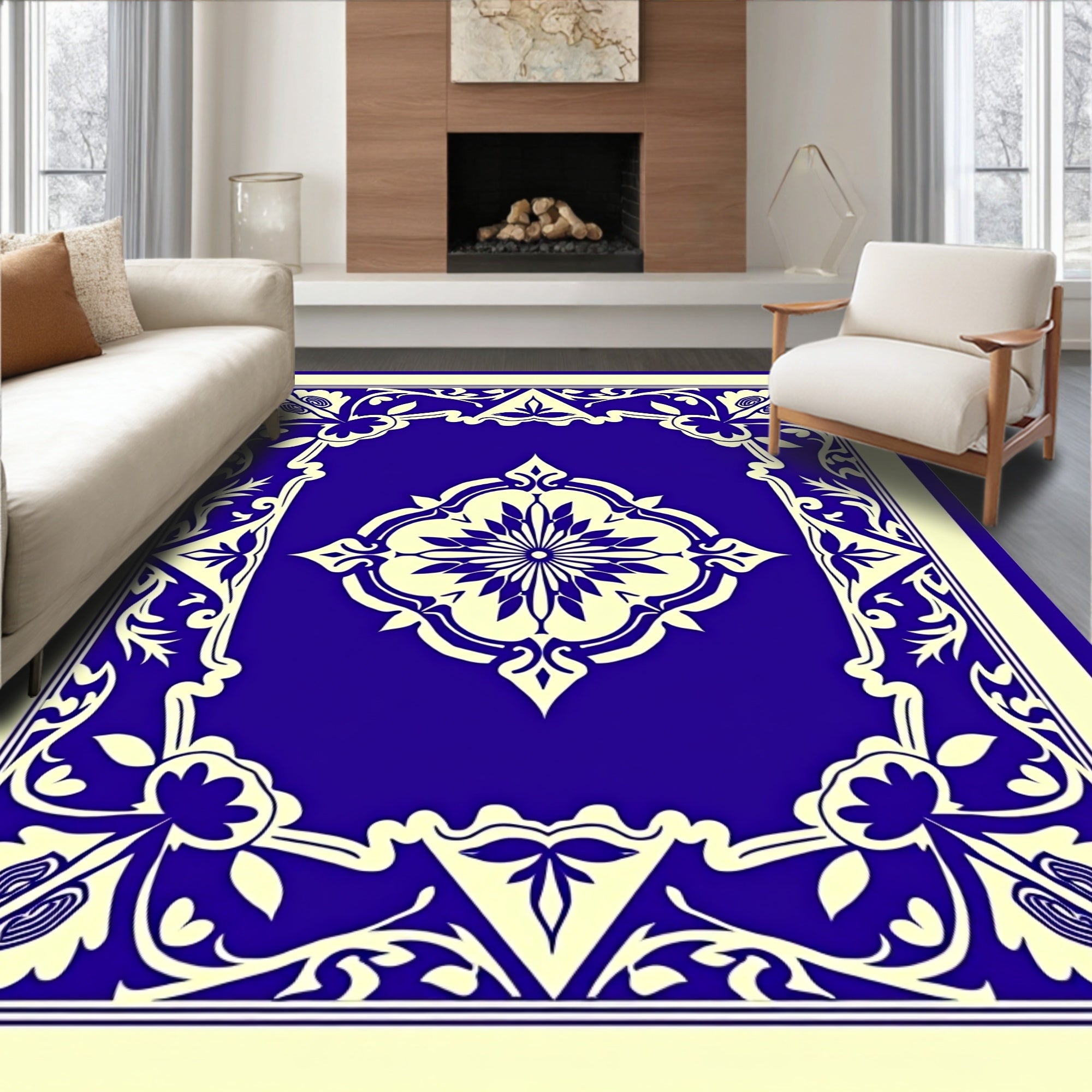 Classic Blue Floral Medallion Damask Rug