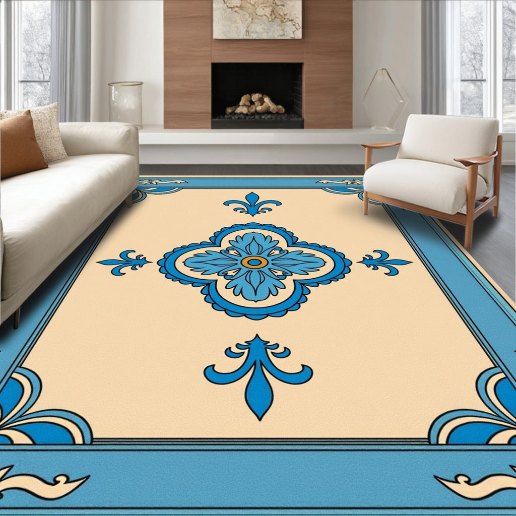 Blue Floral Medallion Border Design Rug