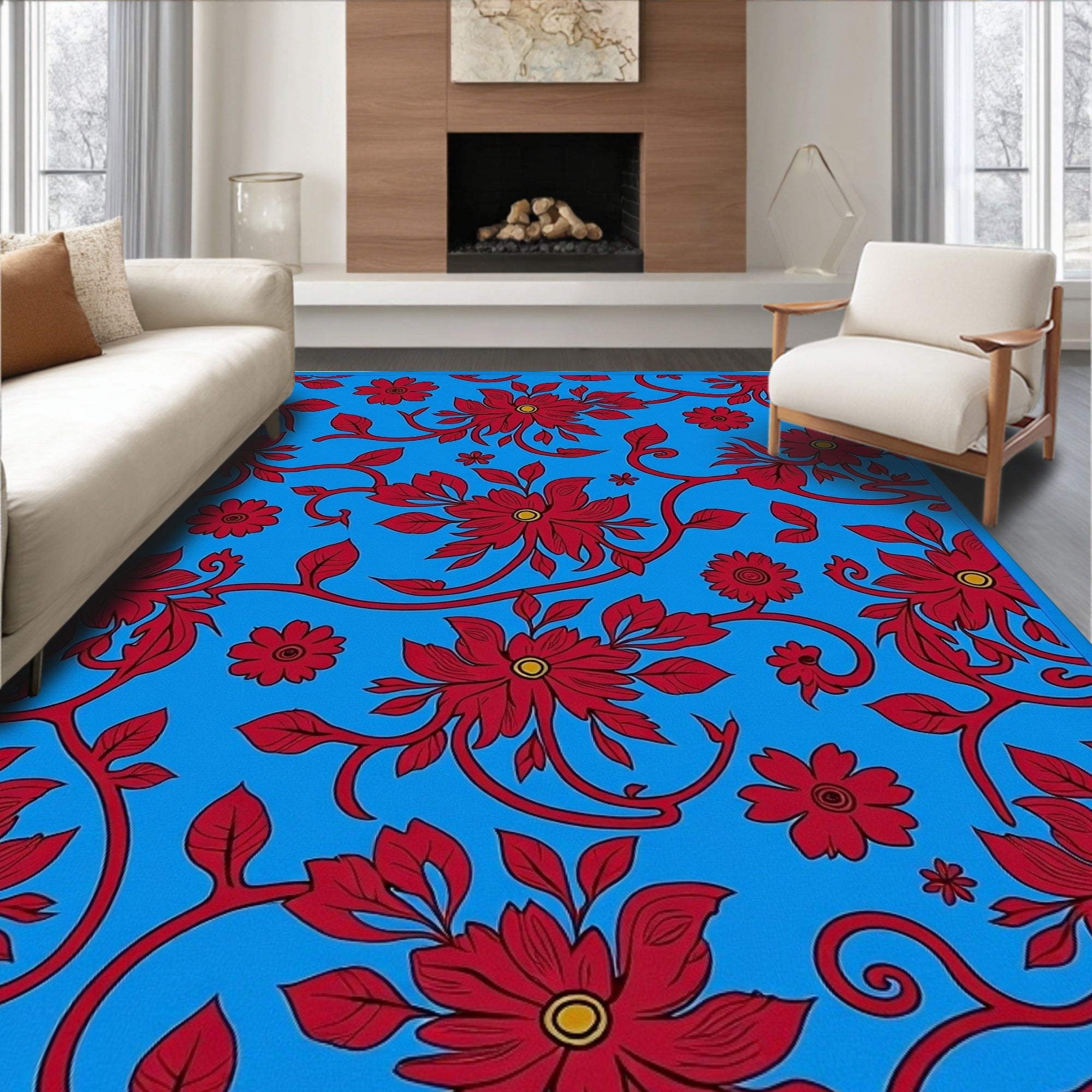 Vibrant Red Floral Vines Rug
