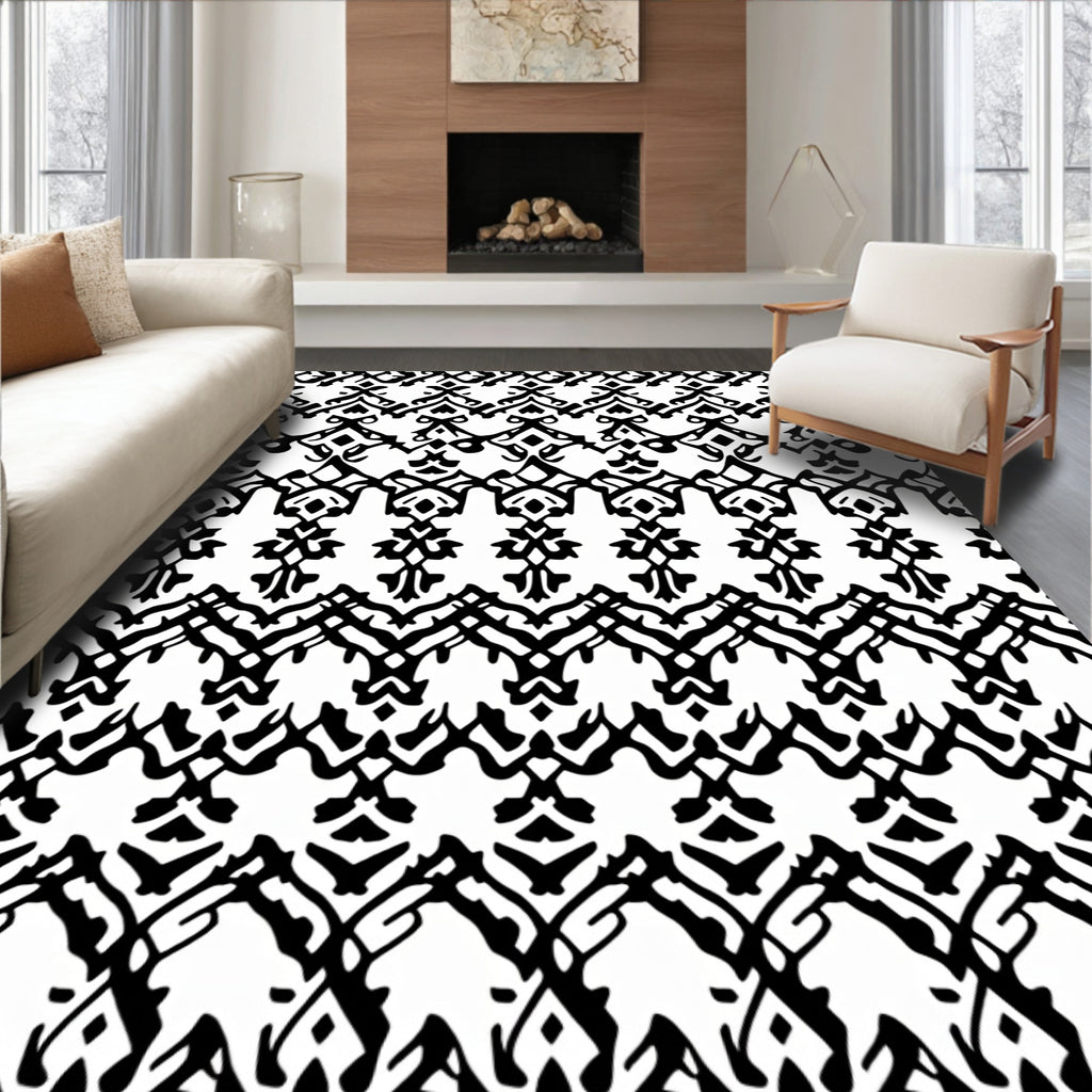 Ornate Black White Ethnic Pattern Rug