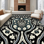 Elegant Black Cream Blue Floral Pattern Rug